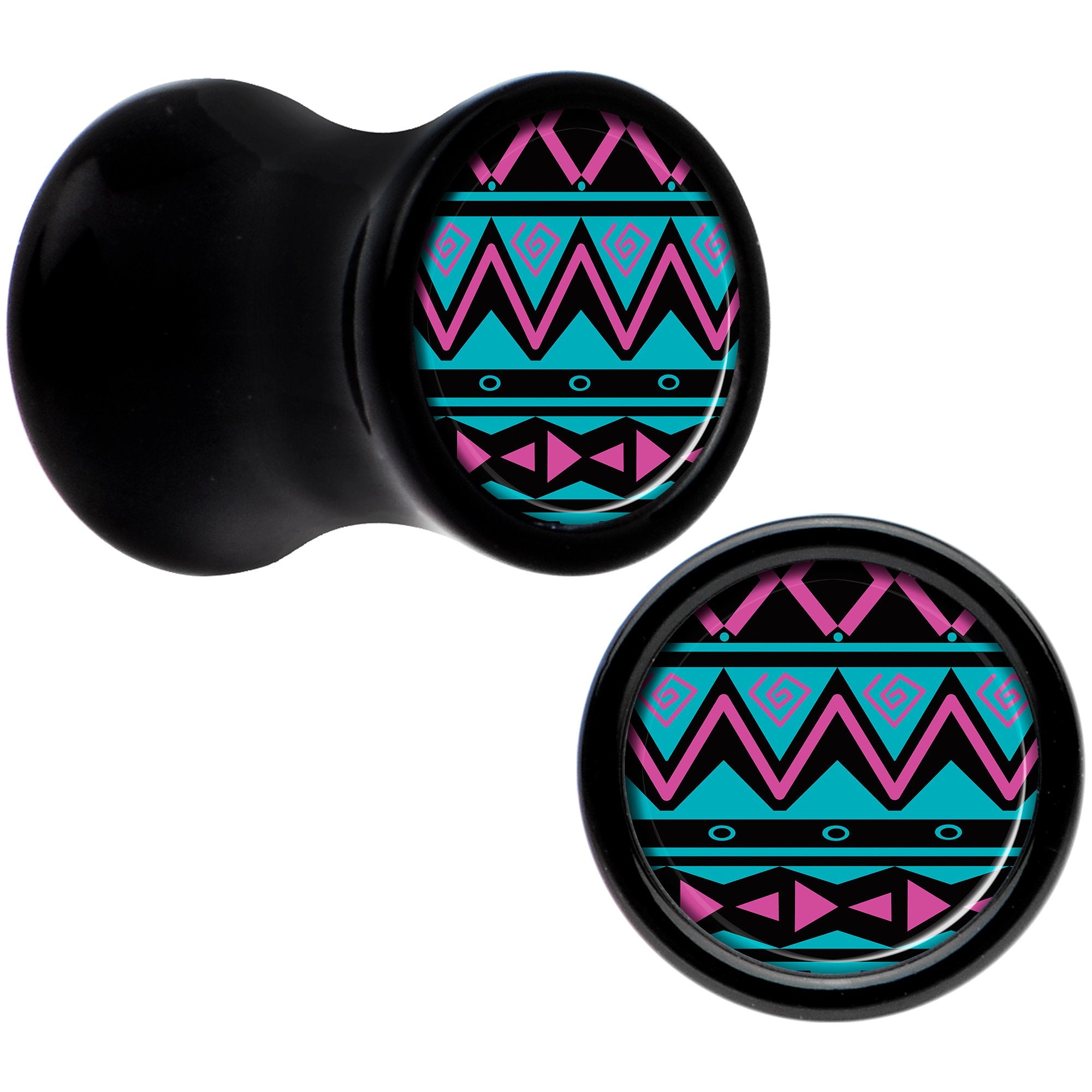 Black Acrylic Pink Teal Tribal Print Saddle Plug Set 2G