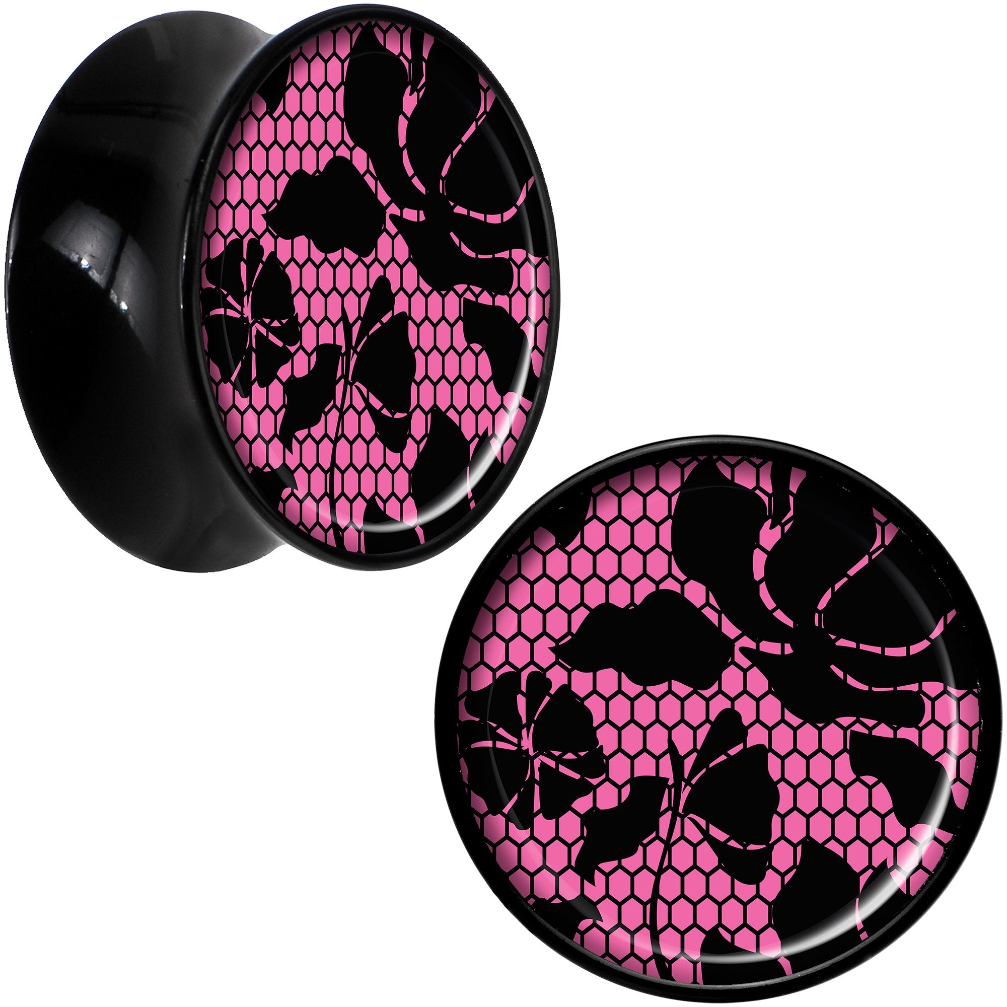 Black Acrylic Pink Floral Lace Saddle Plug Set 20mm