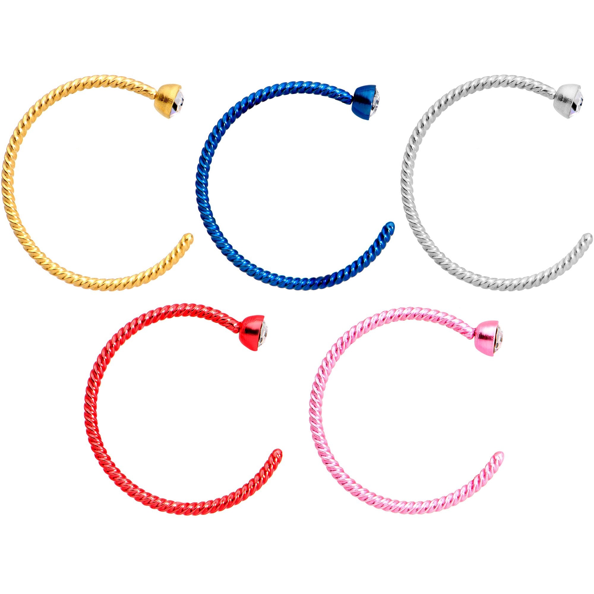 20G 3/8 Clear Gem Multicolor Pack Set of 5 Twisted Nose Hoop Rings