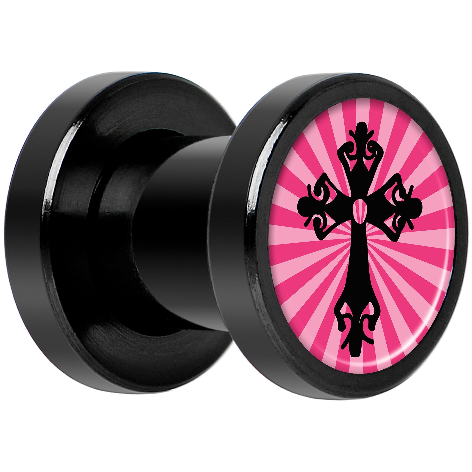 Pink Black Radiant Cross Black Anodized Screw Fit Plug Set 2G