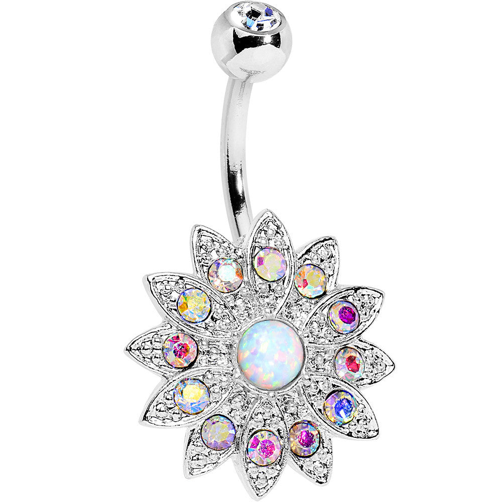 White Faux Opal Aurora Gem Steel Fancy Sparkle Flower Belly Ring