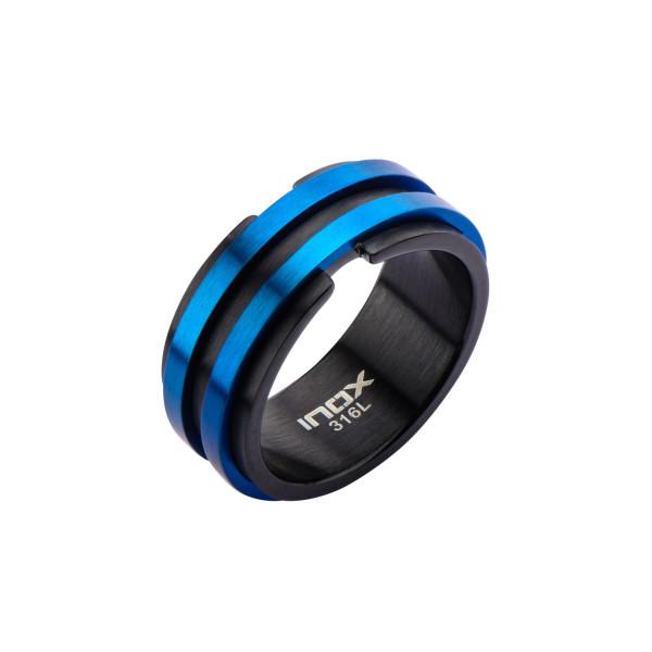 Mens Black Blue IP Matte Layer Stainless Steel Ring