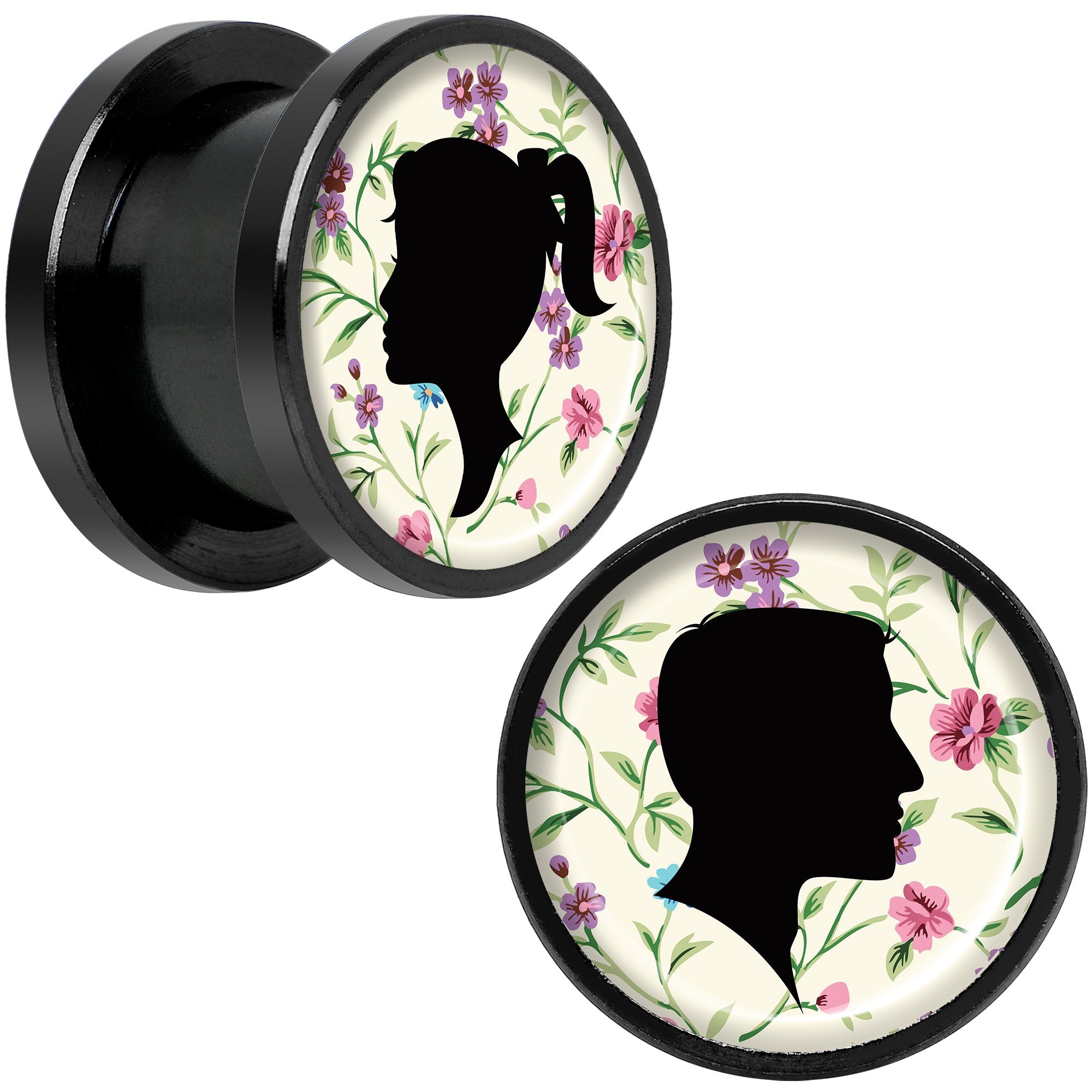 Man Woman Floral Silhouette Black Anodized Screw Fit Plug Set 1/2