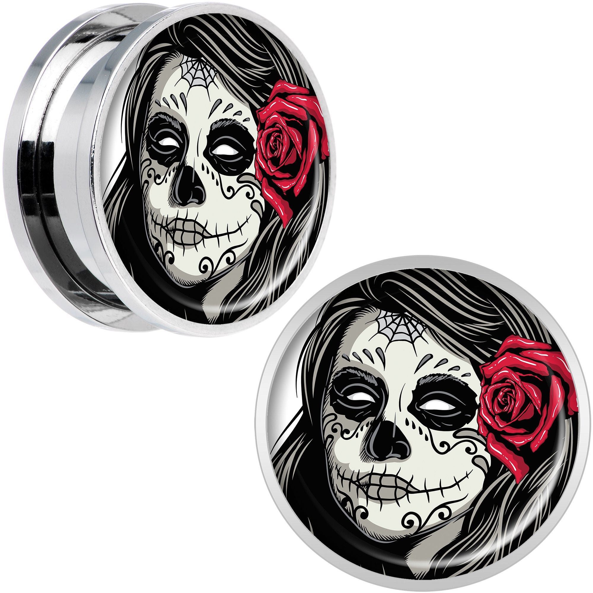Katrina Sugar Skull with Rose Flower Steel Screw Fit Plug Set 20mm