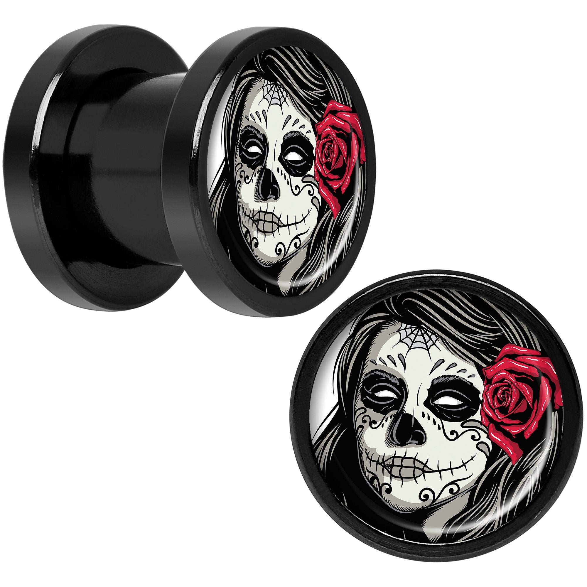 Katrina Sugar Skull Rose Flower Black Anodized Screw Fit Plug Set 0G
