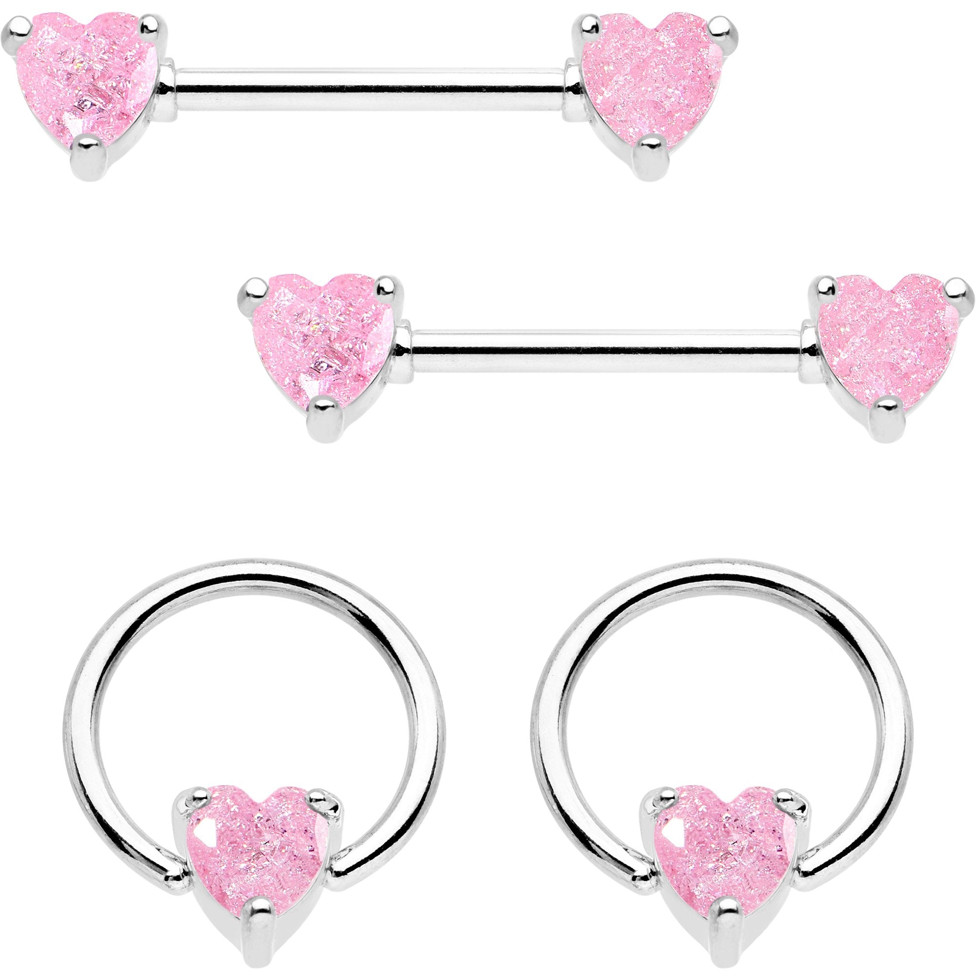14G Pink CZ Gem Heart Captive Ring Barbell Nipple Ring Set