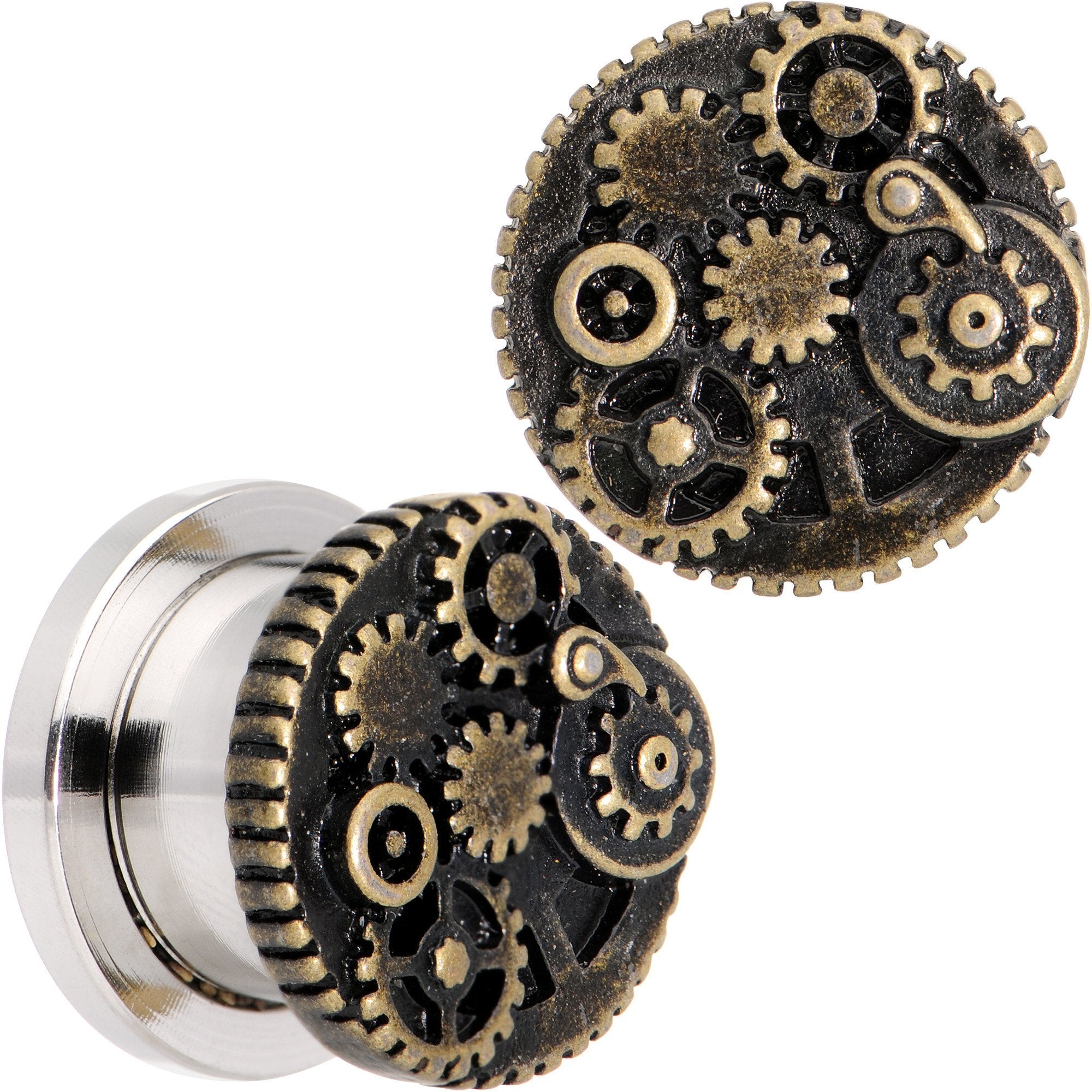 Steampunk Gears and Gizmos Screw Fit Tunnel Plug Set 2G to 1 Inch