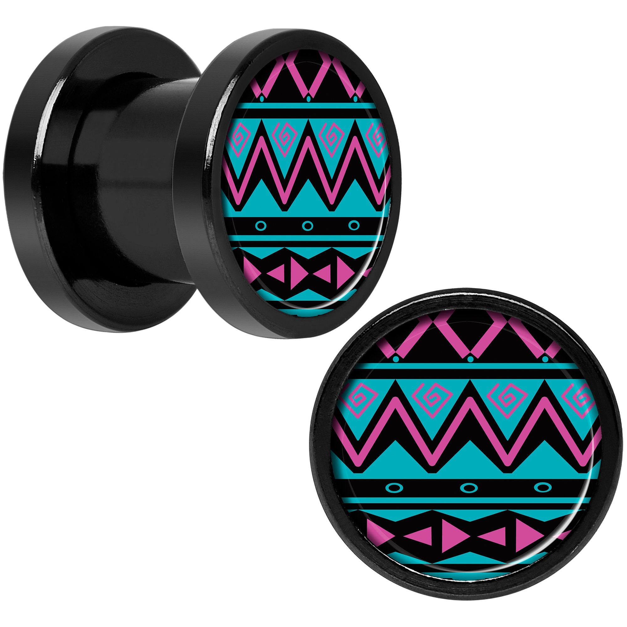 Pink Teal Tribal Print Black Anodized Screw Fit Plug Set 0G