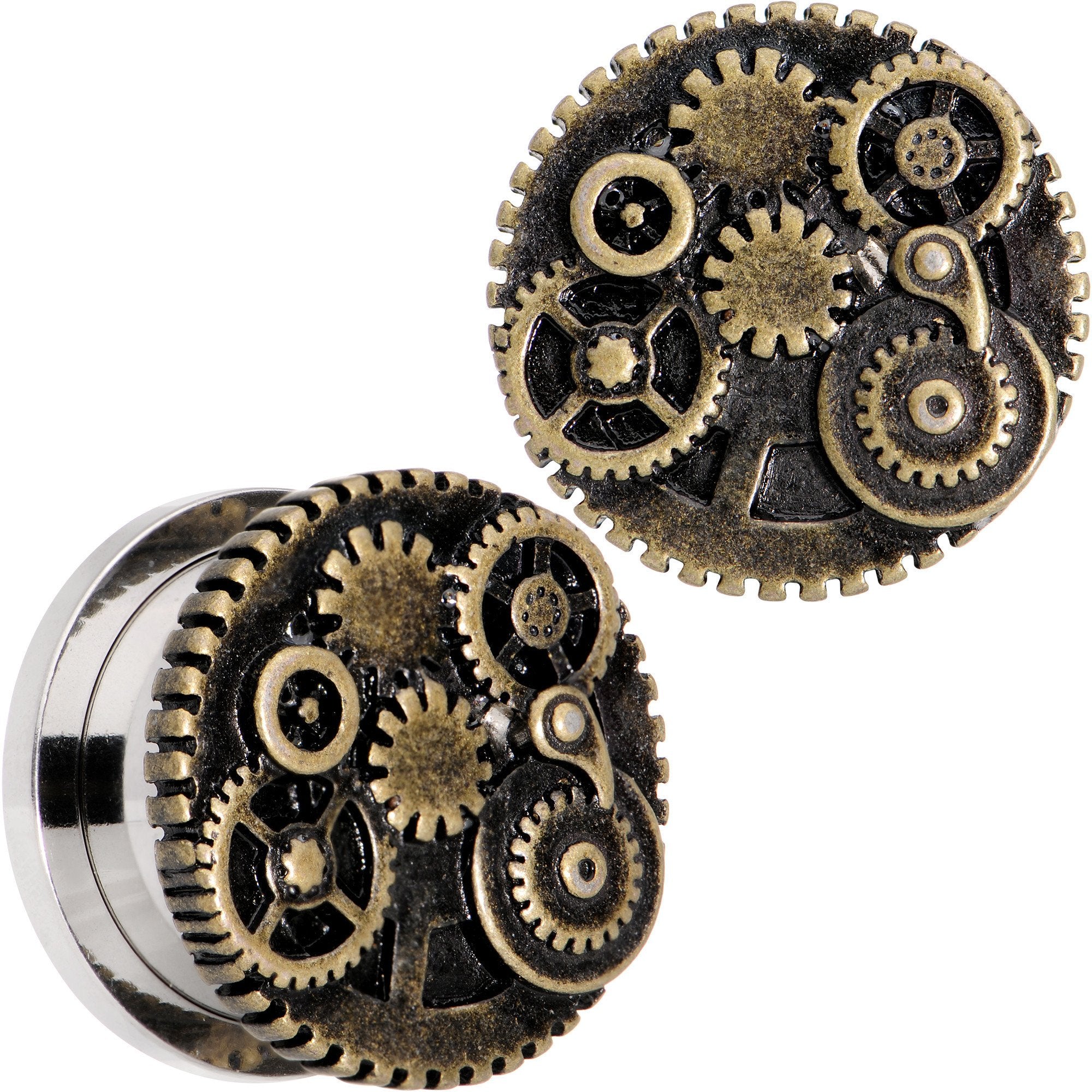 Steampunk Gears and Gizmos Screw Fit Tunnel Plug Set 2G to 1 Inch