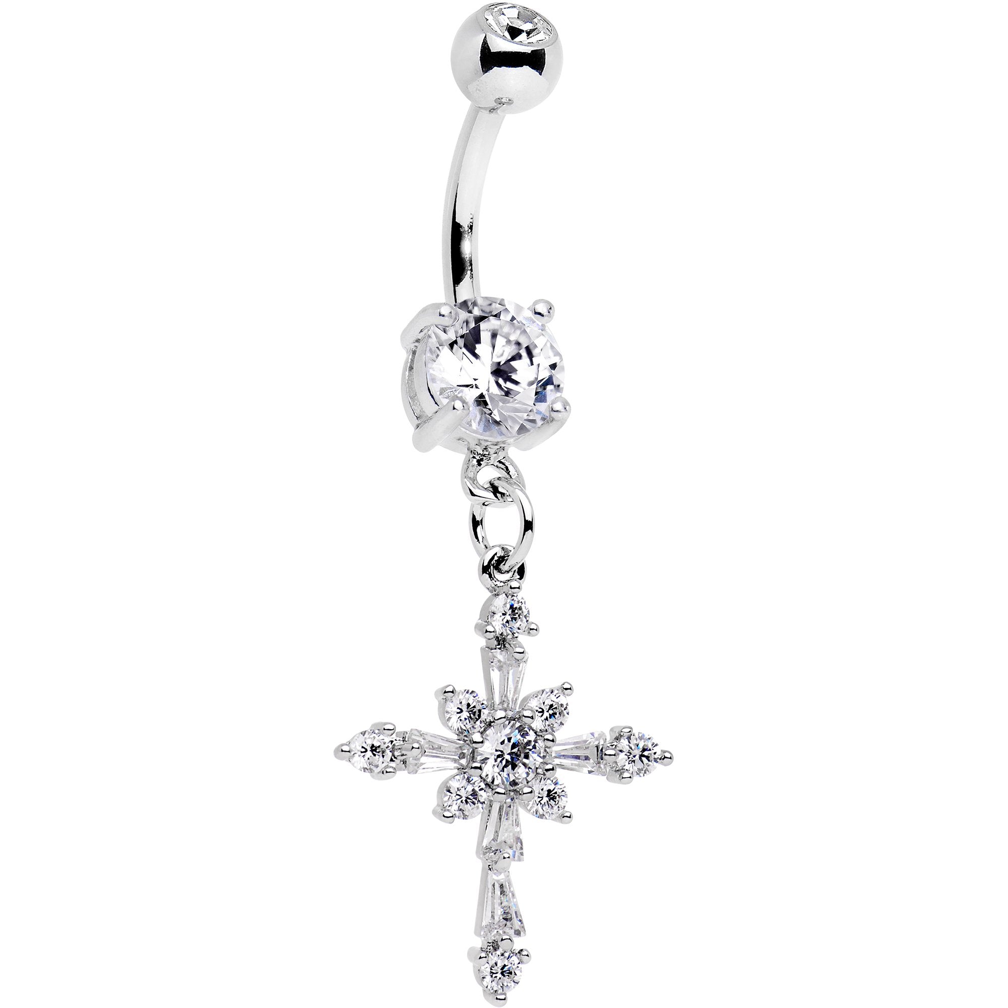 Clear Gem Glimmer Cross Dangle Belly Ring