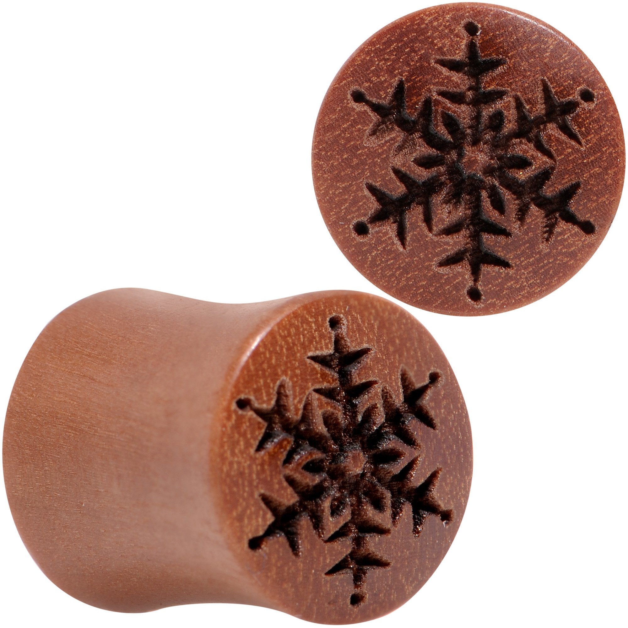 Organic Sawo Wood Holiday Winter Snowflake Saddle Plug Set Sizes 8mm to 25mm