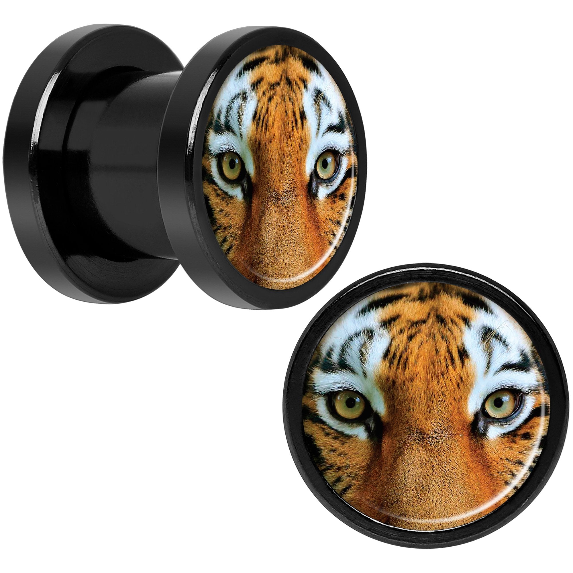 Full Color Tiger Eyes Black Anodized Screw Fit Plug Set 0G