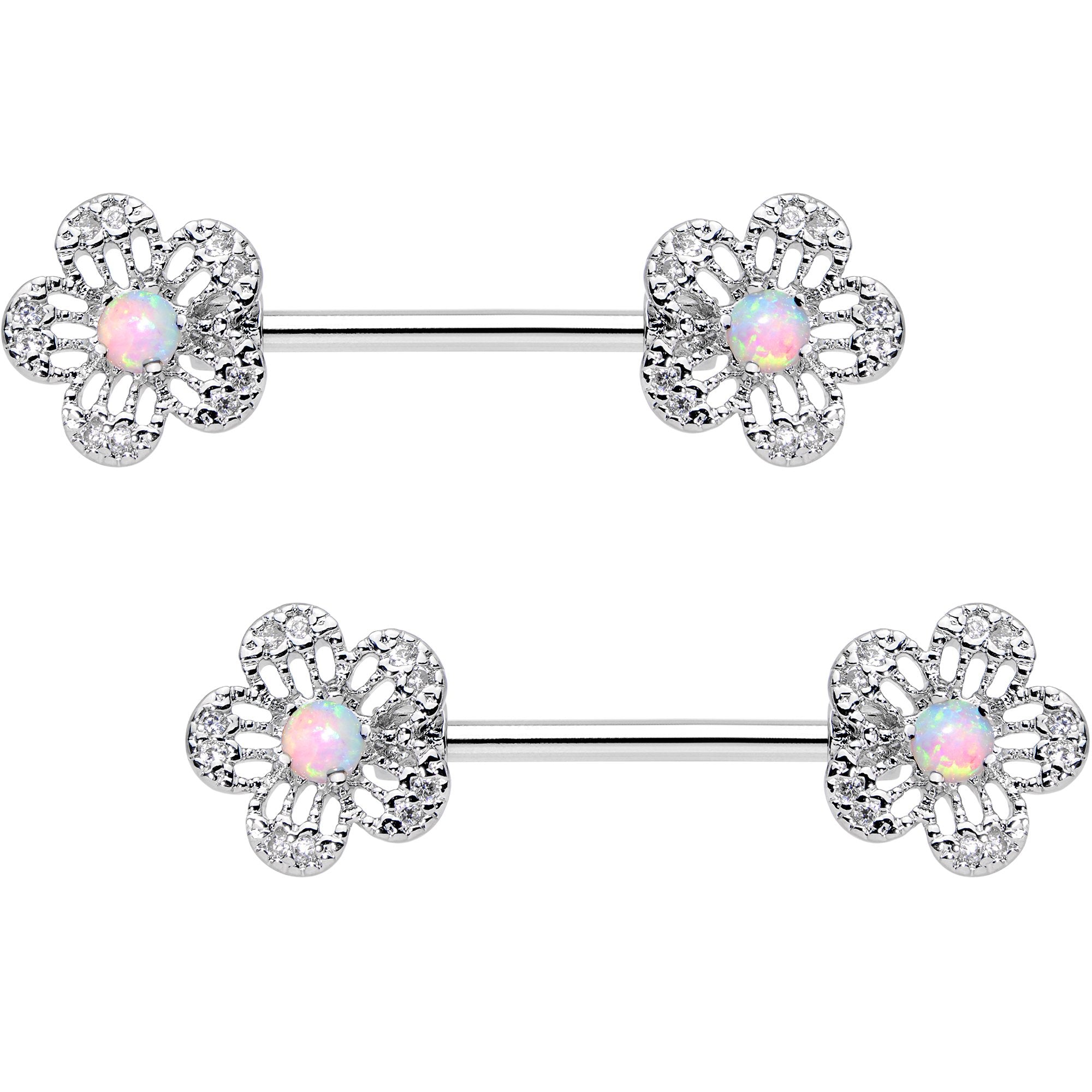 White Synthetic Opal Frozen Flower Barbell Nipple Ring Set