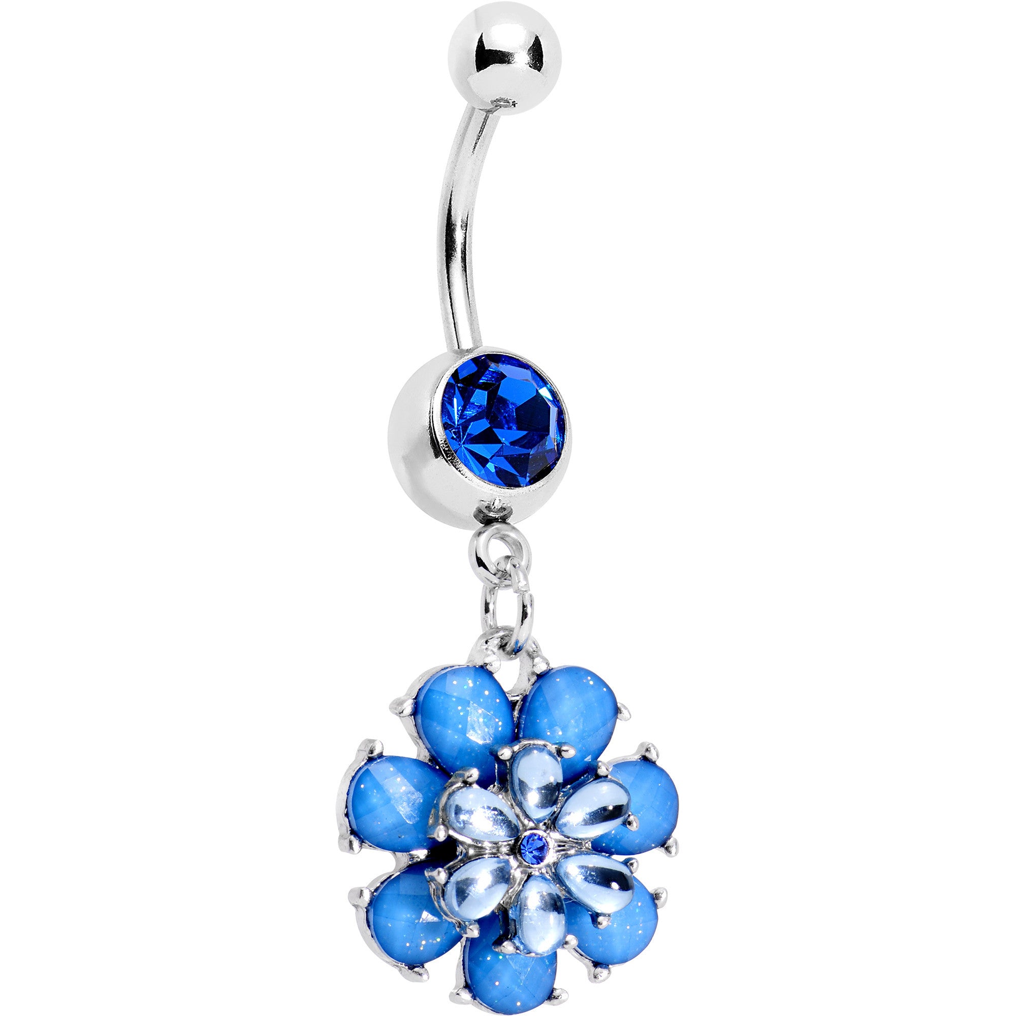 Blue Gem Bashful Blue Budding Flower Dangle Belly Ring