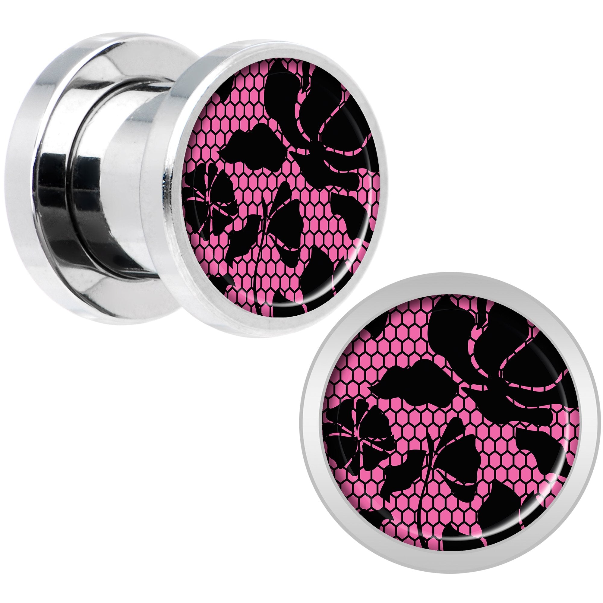 Pink Floral Lace Steel Screw Fit Plug Set 0G