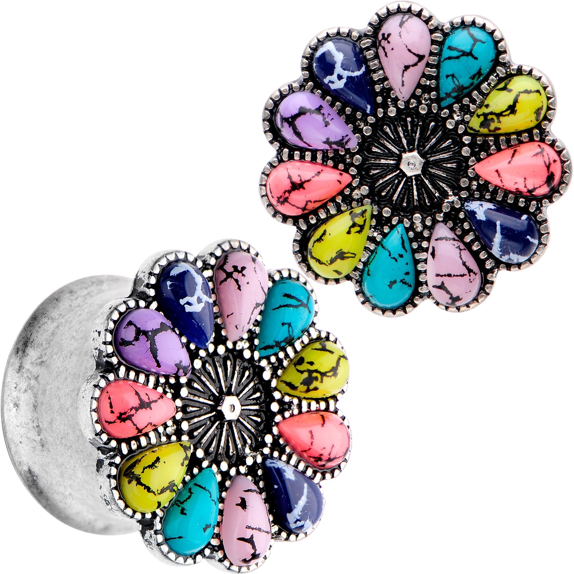 Southwestern Pinwheel Flower Double Flare Plug Set Set 2G to 22mm