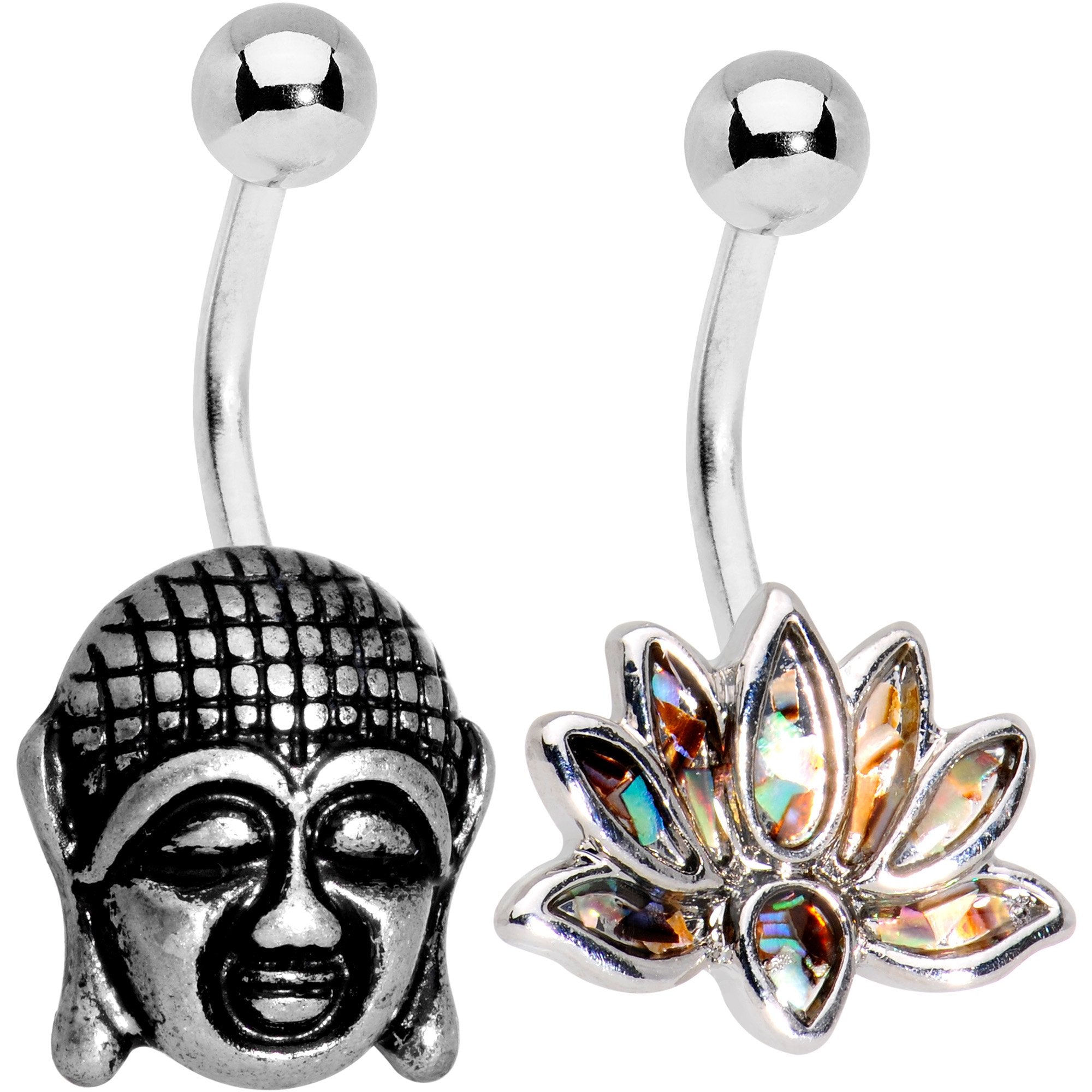 Iridescent Lotus Flower and Ancient Buddha Belly Ring Set of 2