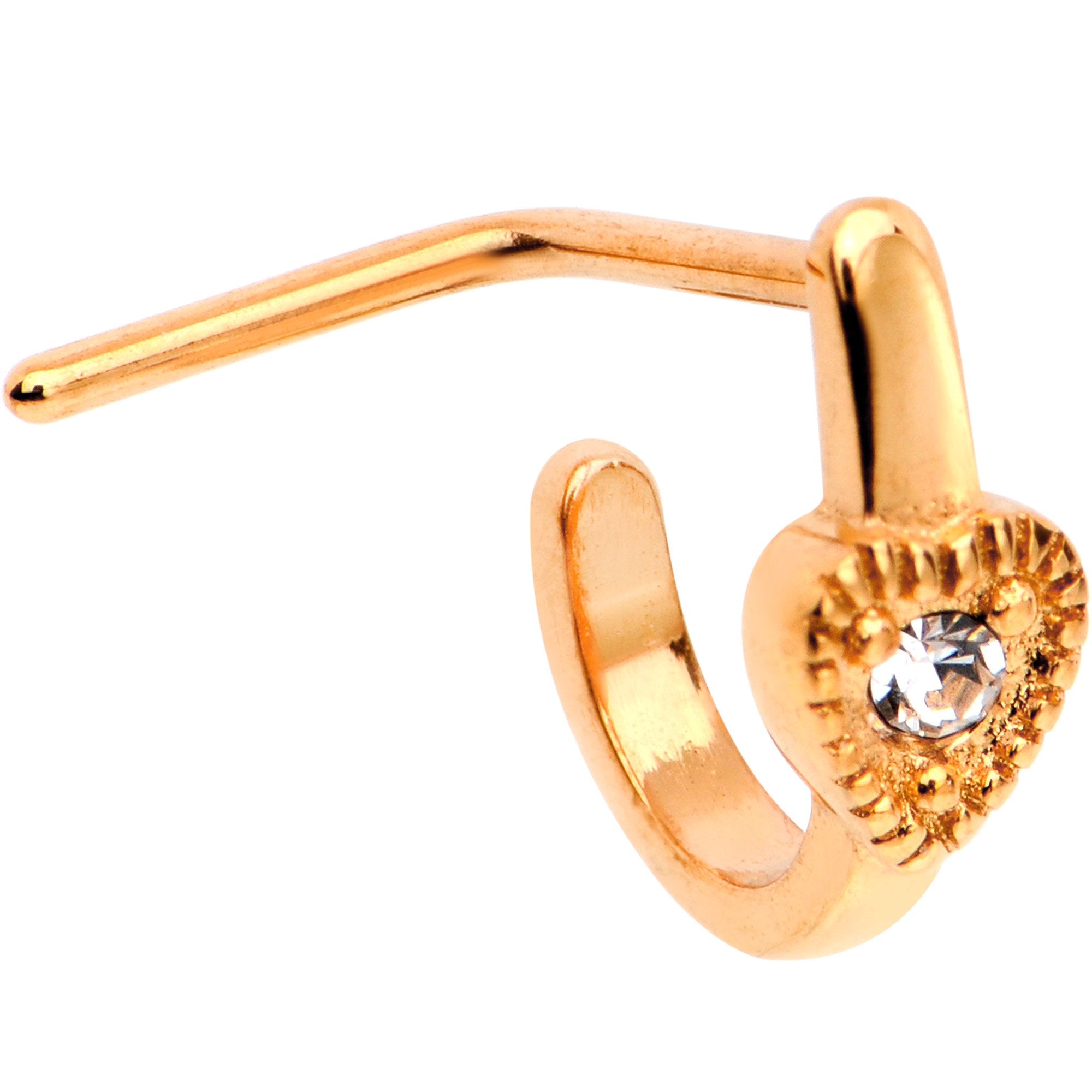 20G Gem Rose Gold Tone Heart Faux Hoop L Shaped Nose Ring