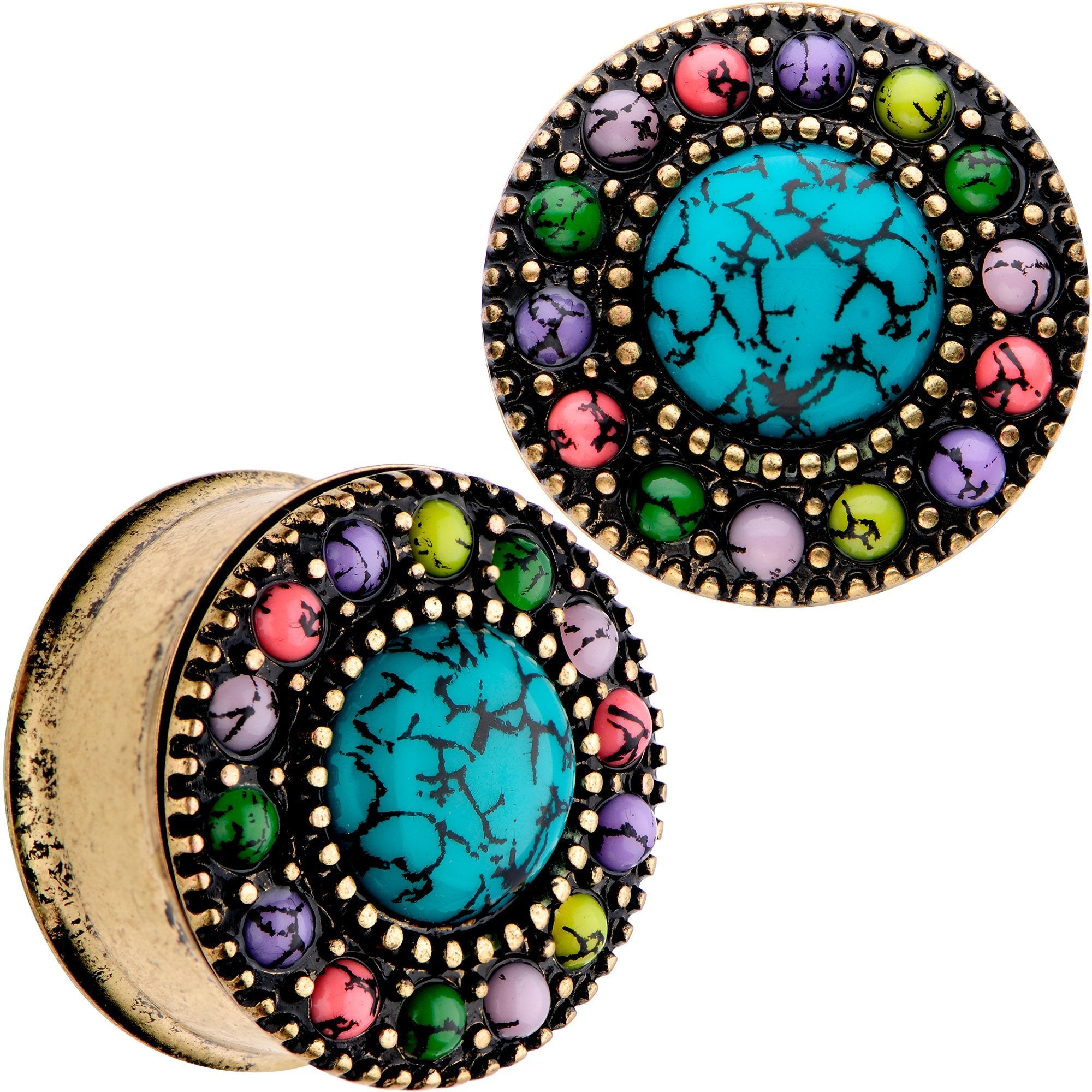 Gold Plated Southwestern Stone Age Double Flare Plug Set 2G to 22mm