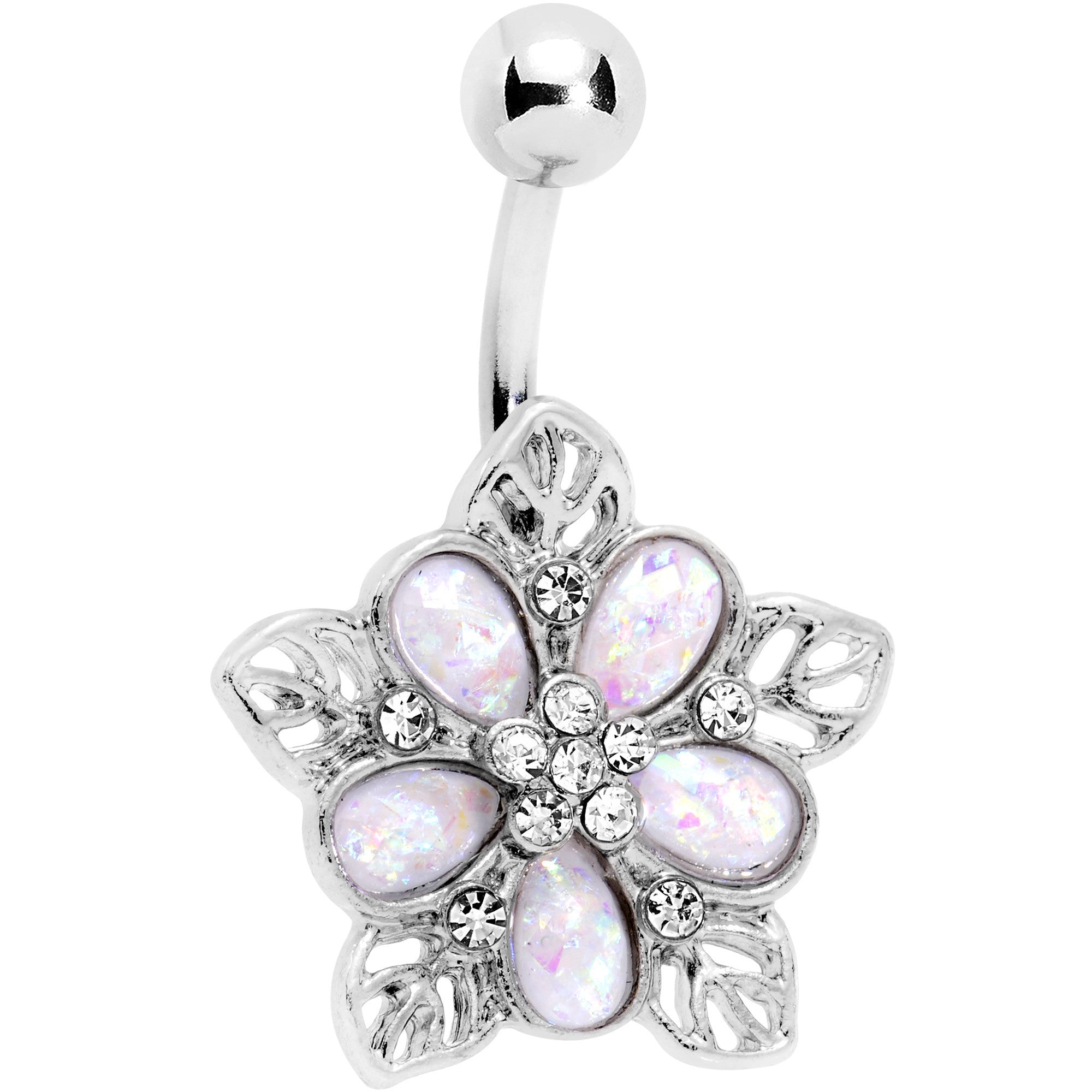 White Faux Opal Filigree Holiday Flower Belly Ring