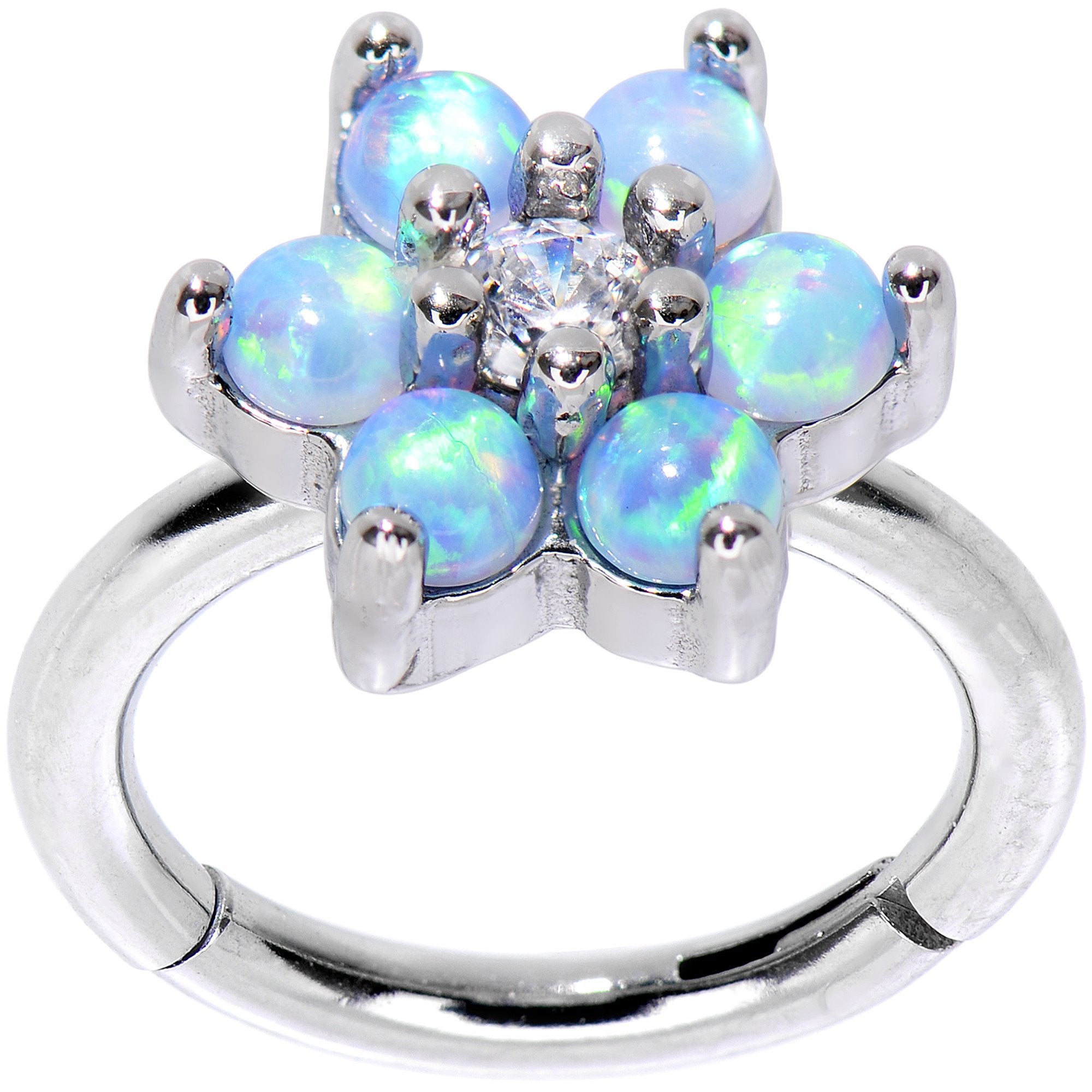 16G 5/16 Clear CZ Gem Blue Faux Opal Hinged Segment Ring