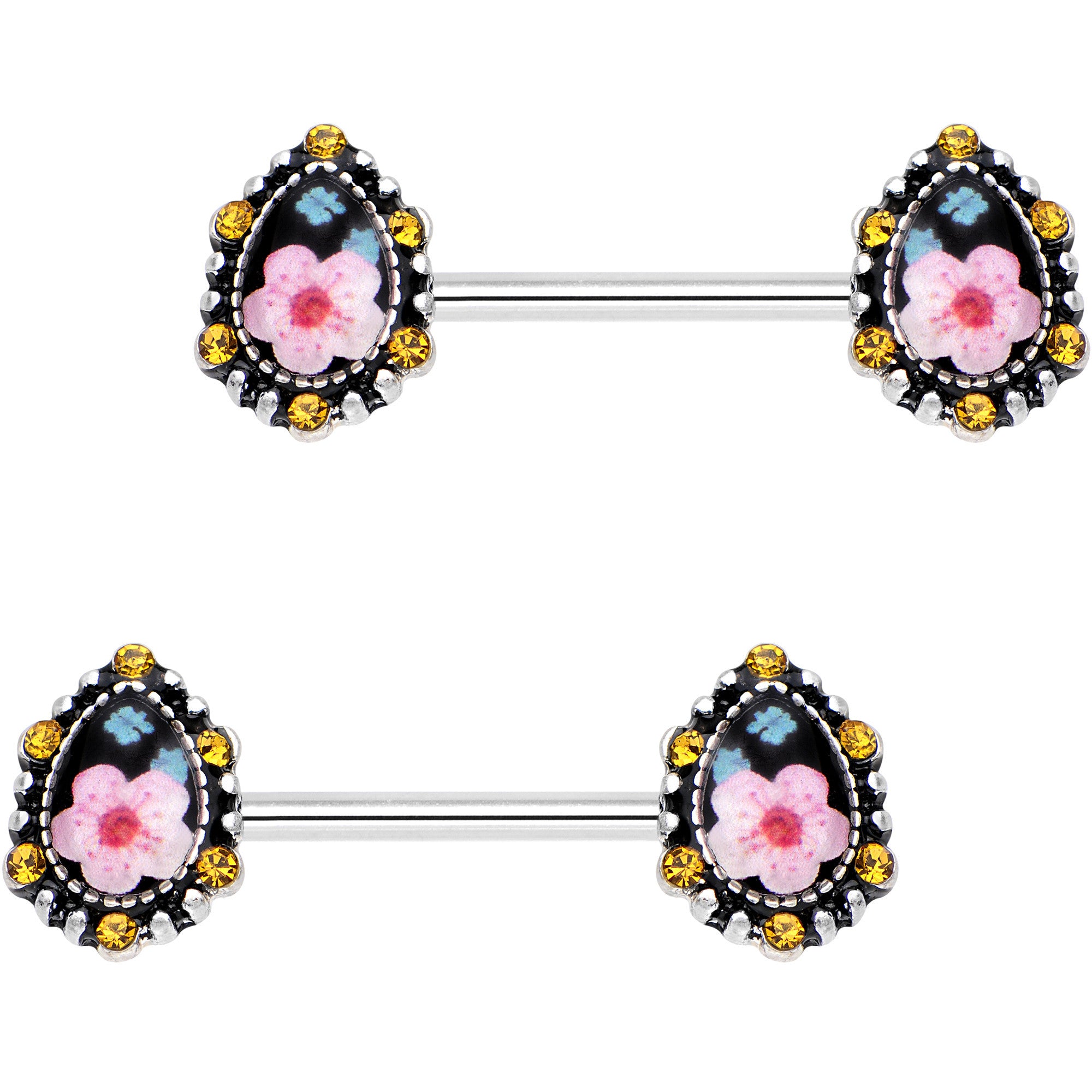 9/16 Orange Gem Framed Flower Brooch Barbell Nipple Ring Set