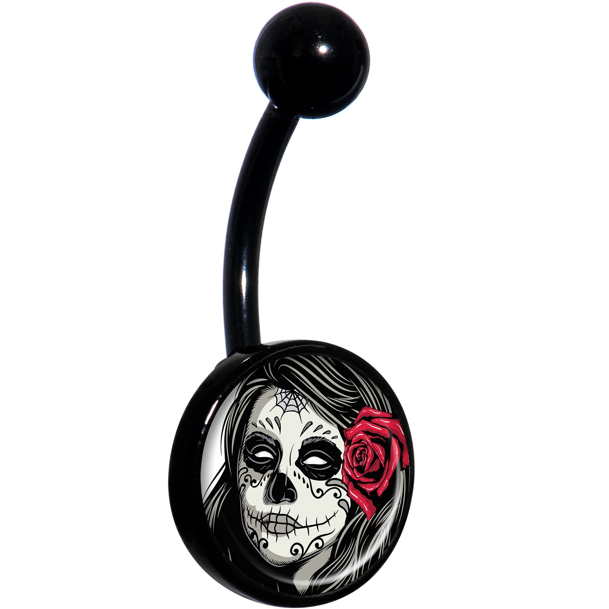 Katrina Sugar Skull with Rose Flower Black Hypoallergenic Stainless Steel Belly Ring