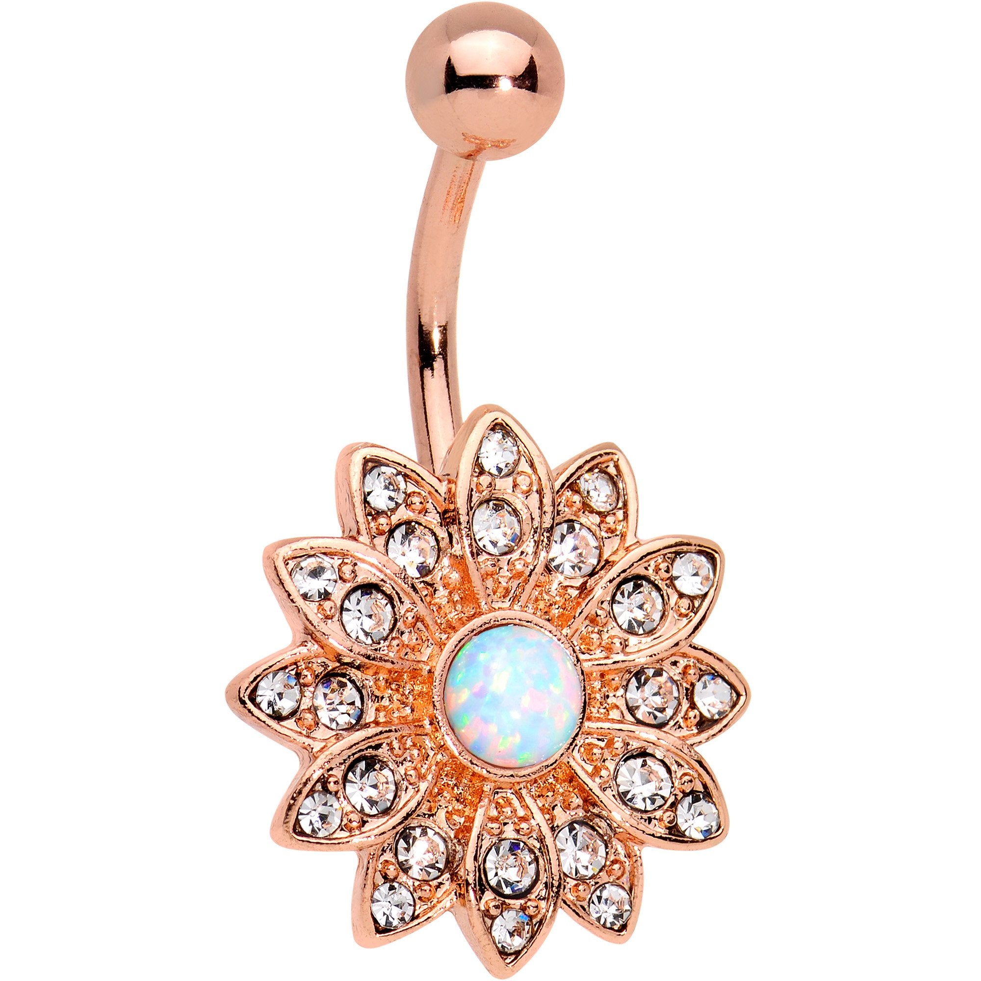 White Faux Opal Rose Gold Tone IP Fancy Flower Belly Ring