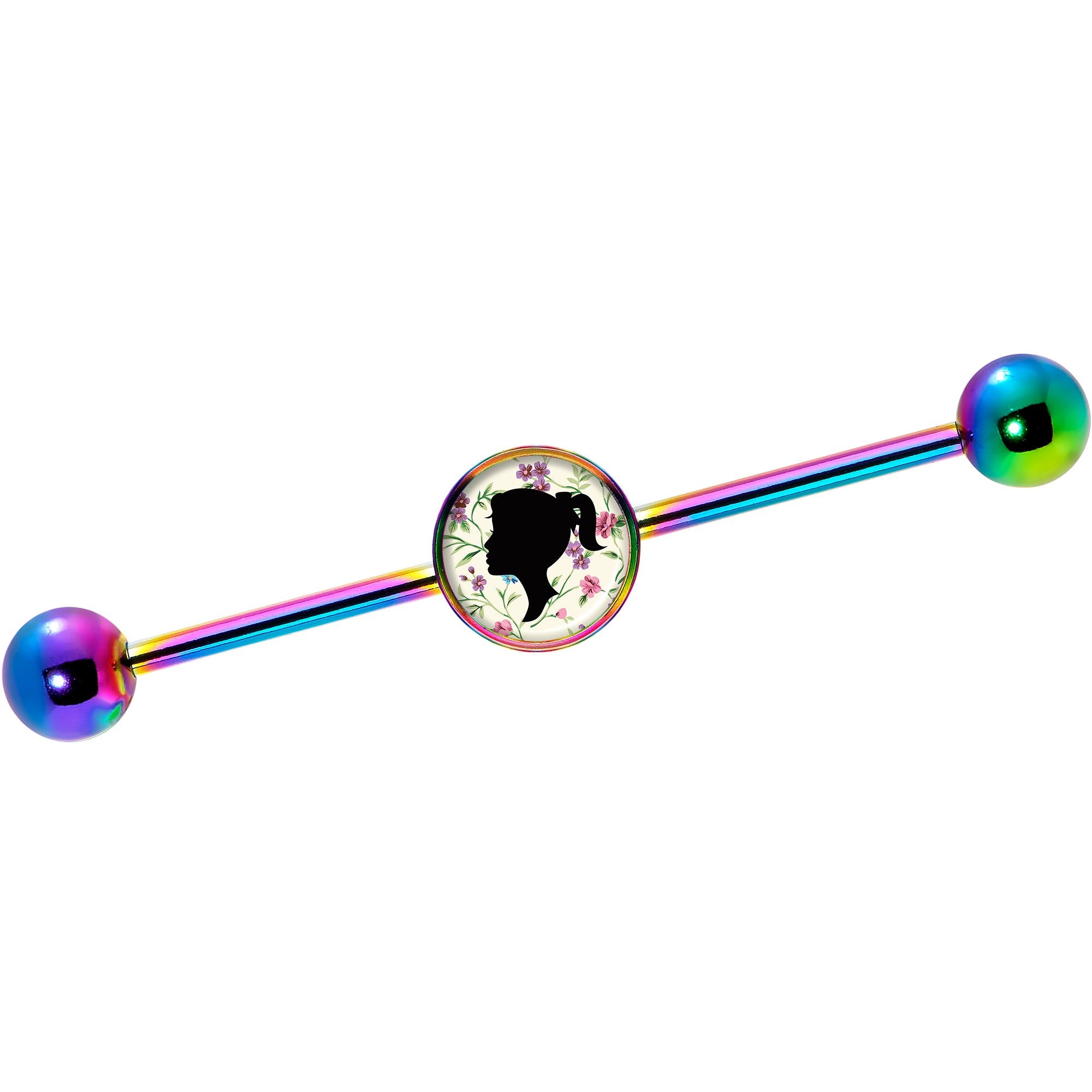 14G Woman Floral Silhouette Rainbow Industrial Barbell 37mm