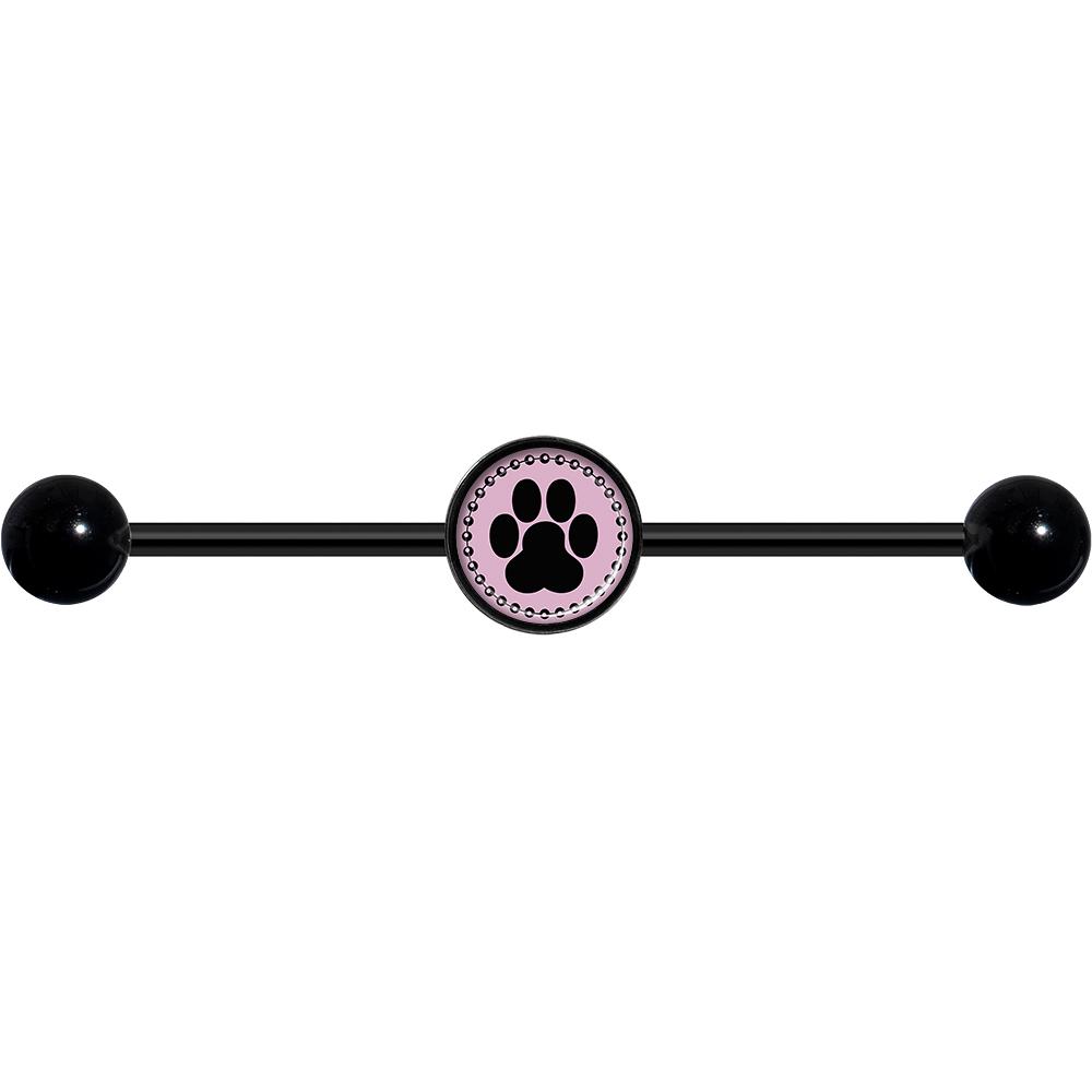 14G Black on Pink Paw Print Black Industrial Barbell 37mm