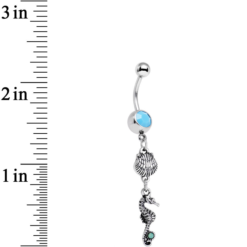 Green Blue Gem Ocean Beach Seahorse and Seashell Dangle Belly Ring