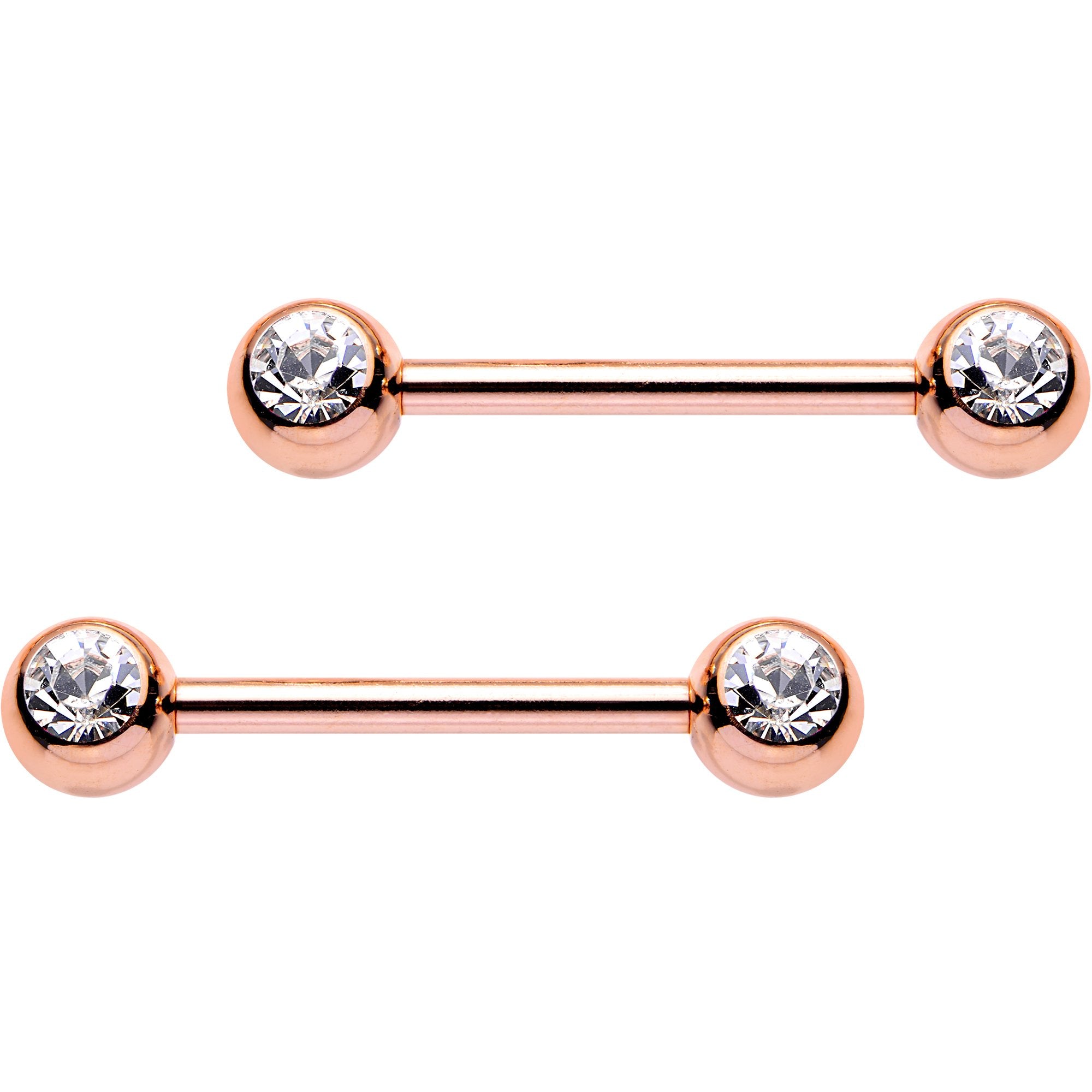 14G 9/16 Clear Gem Rose Gold PVD Barbell Nipple Ring Set