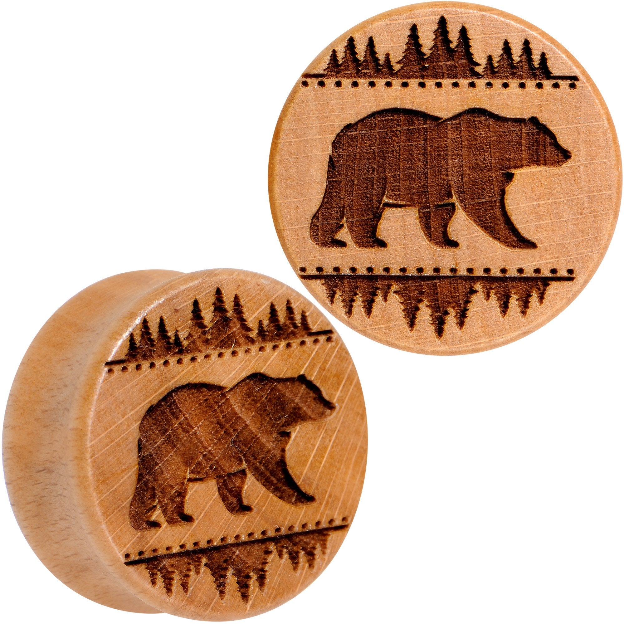 Organic Beechwood Holiday Bear in the Woods Saddle Plug Set Sizes 8mm to 20mm