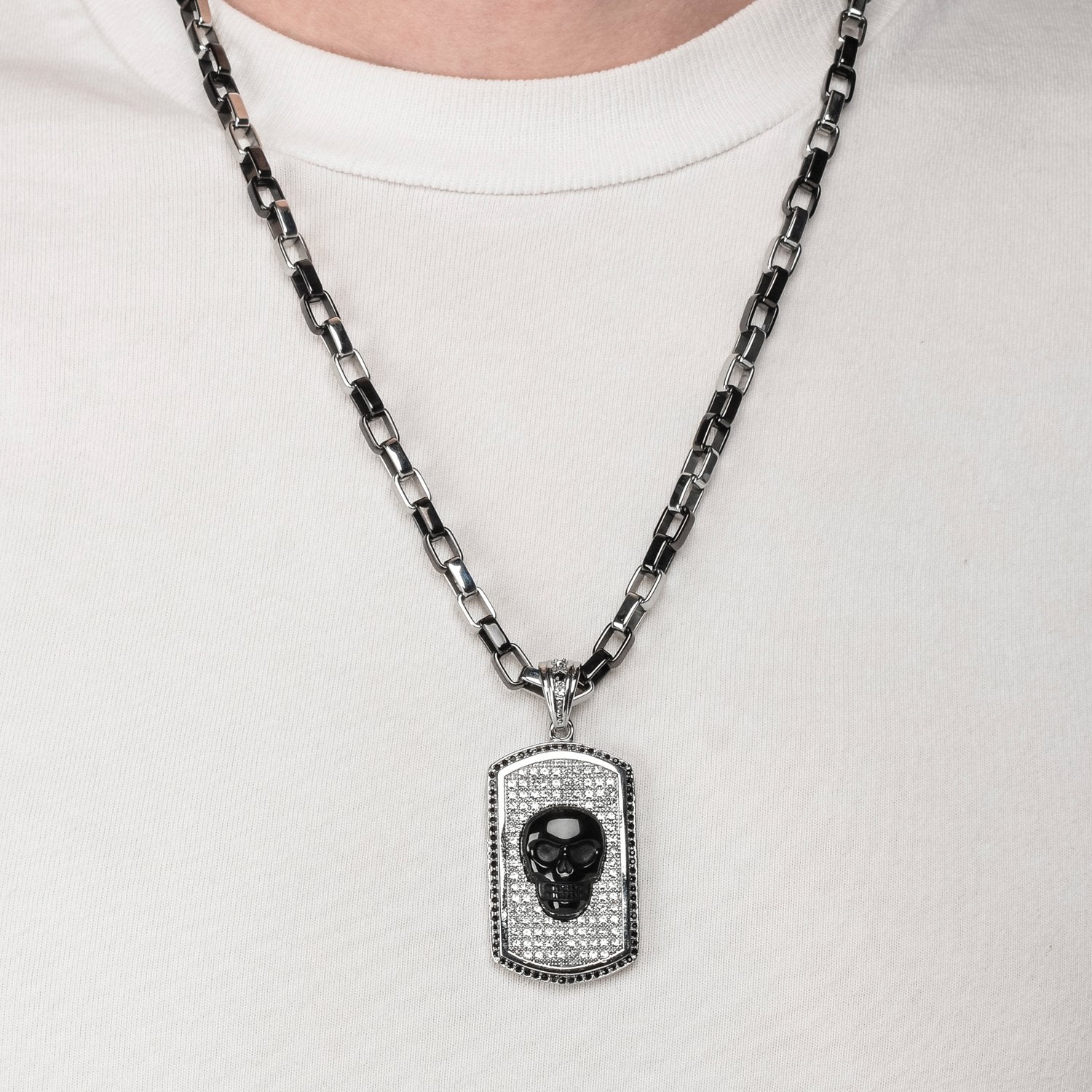Mens Black Onyx Skull Crystal Dog Tag Pendant With Box Chain