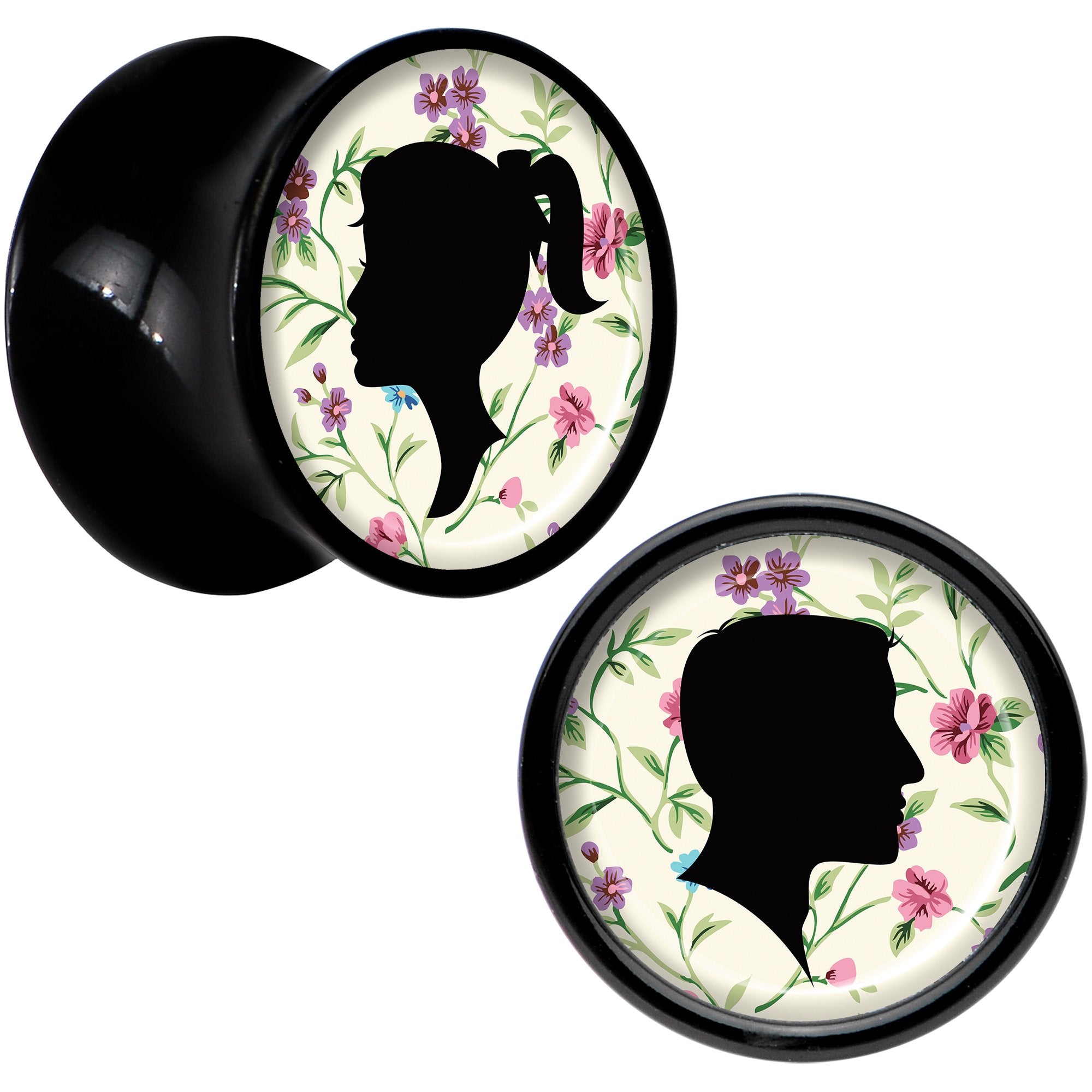 Black Acrylic Man Woman Floral Silhouette Saddle Plug Set 00G