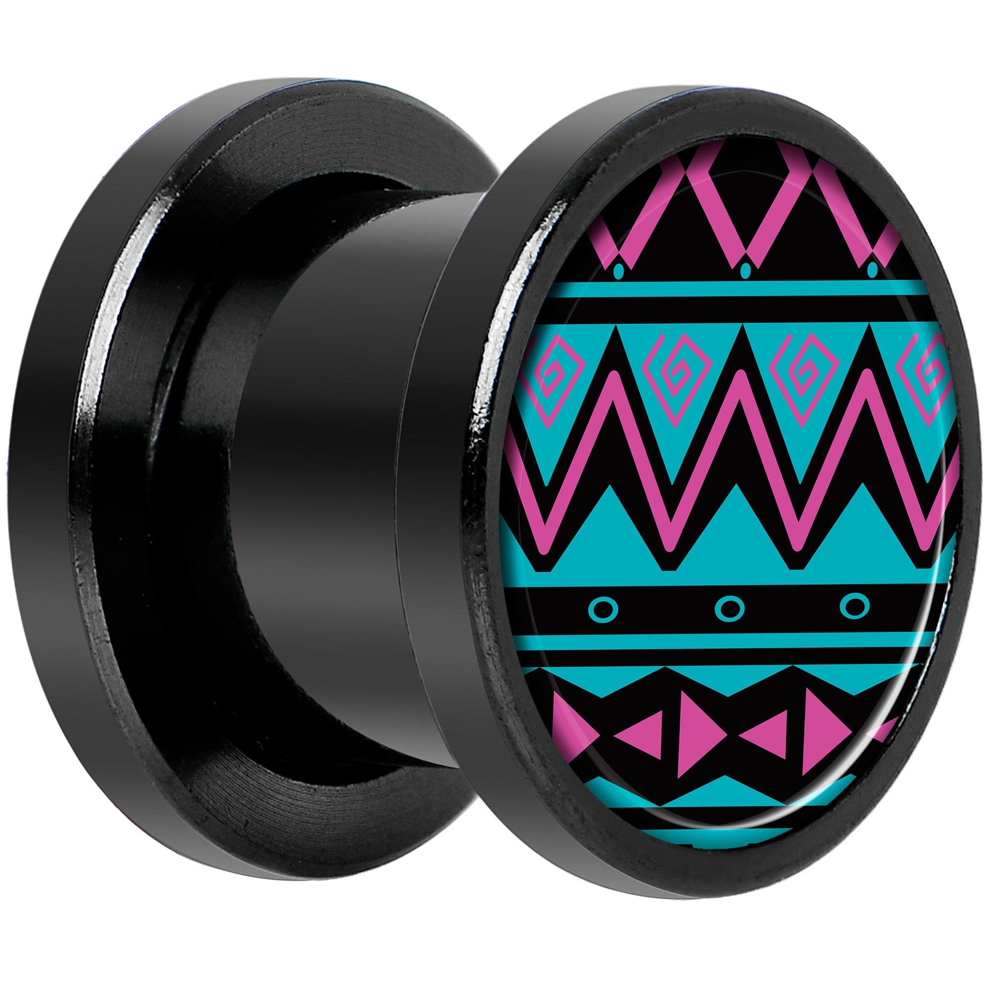 Pink Teal Tribal Print Black Anodized Screw Fit Plug Set 00G