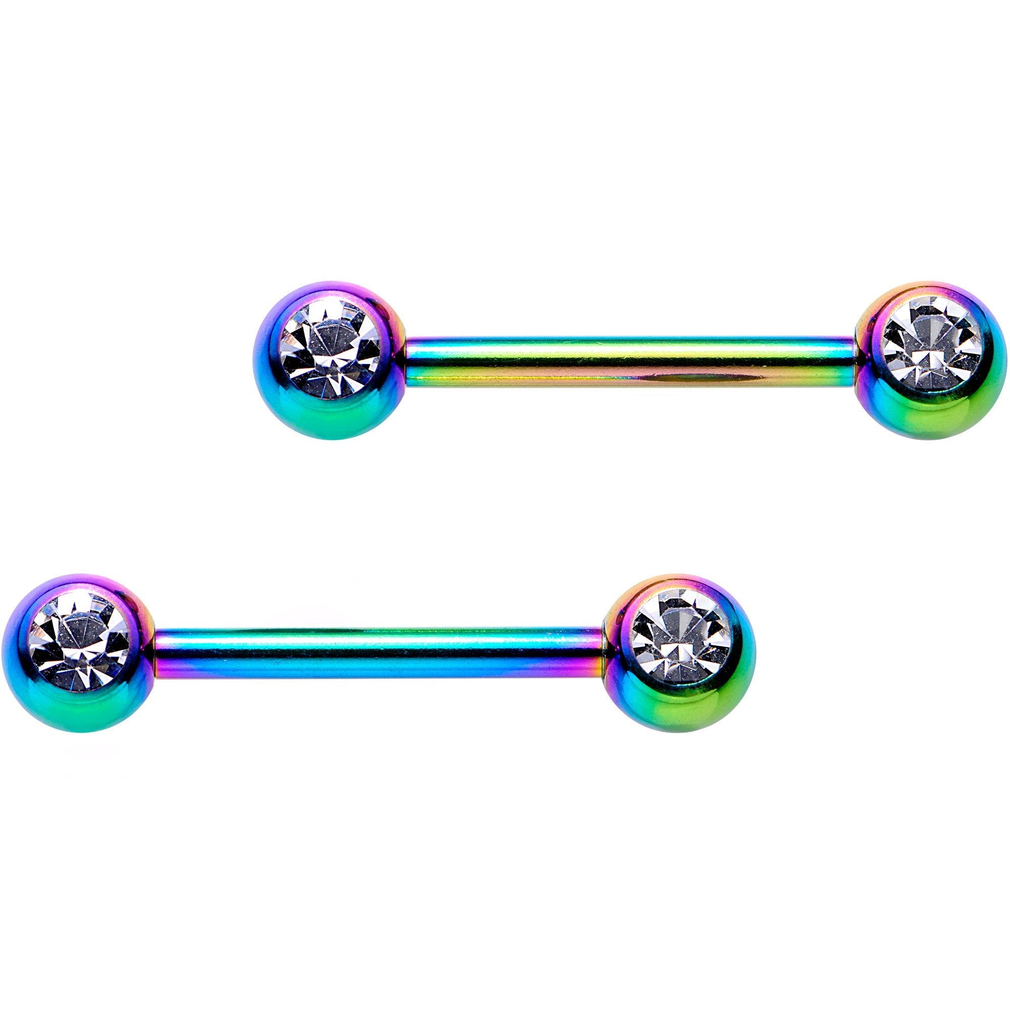 14G 9/16 Clear Gem Rainbow PVD Barbell Nipple Ring Set