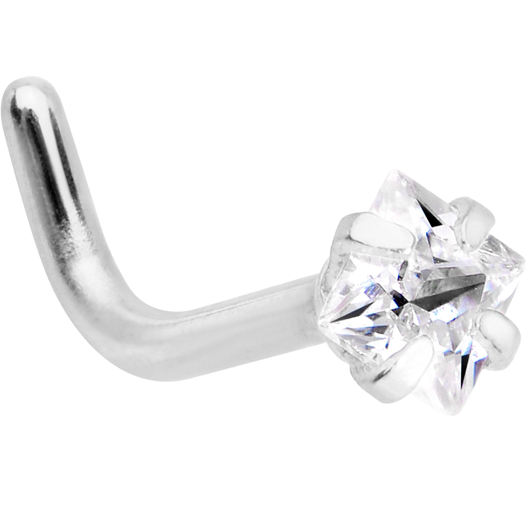 18G 1/4 Clear Square 2.5mm CZ Gem Steel L-Shape Nose Ring