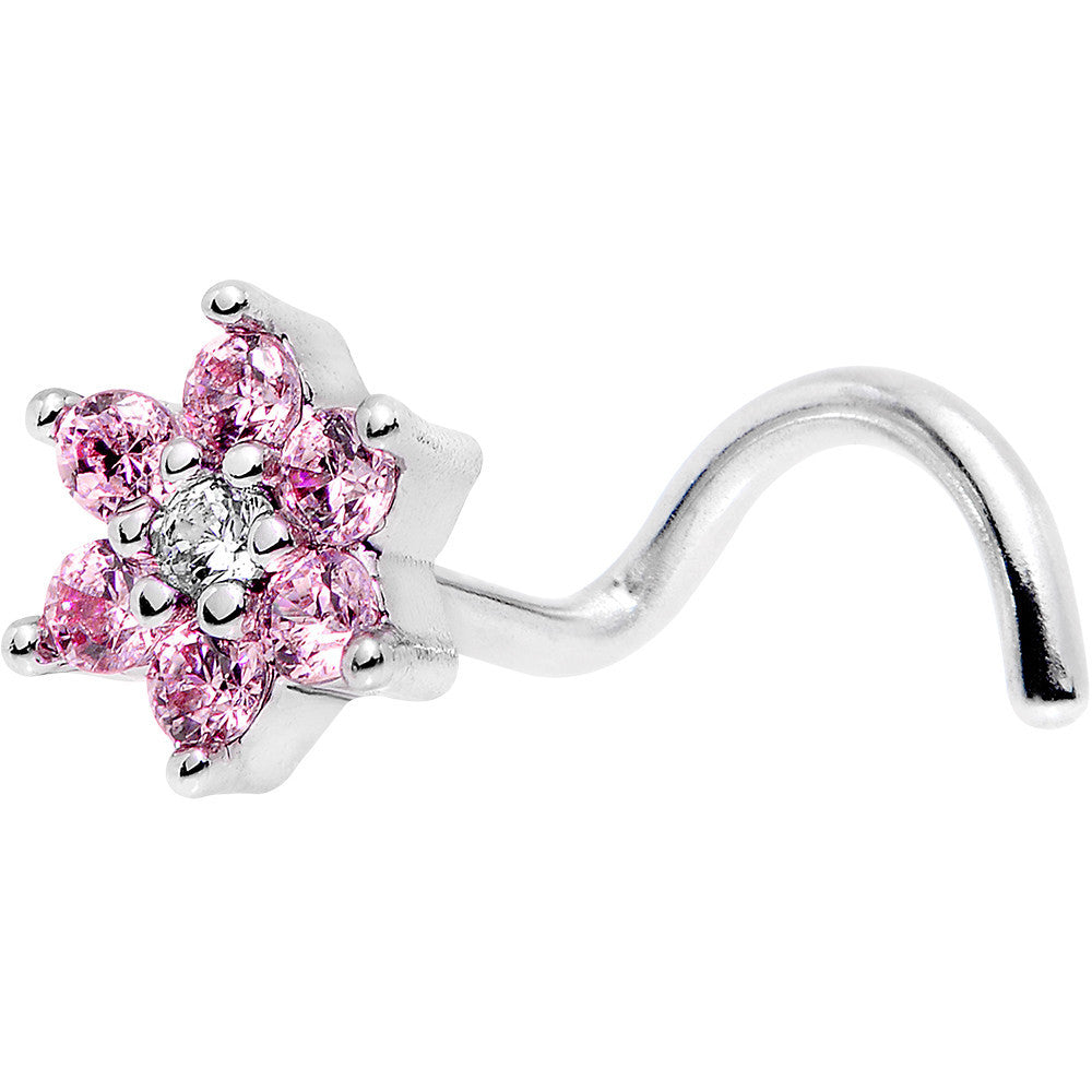18G 1/4 Pink and Clear CZ Gem Flower Left Nose Screw