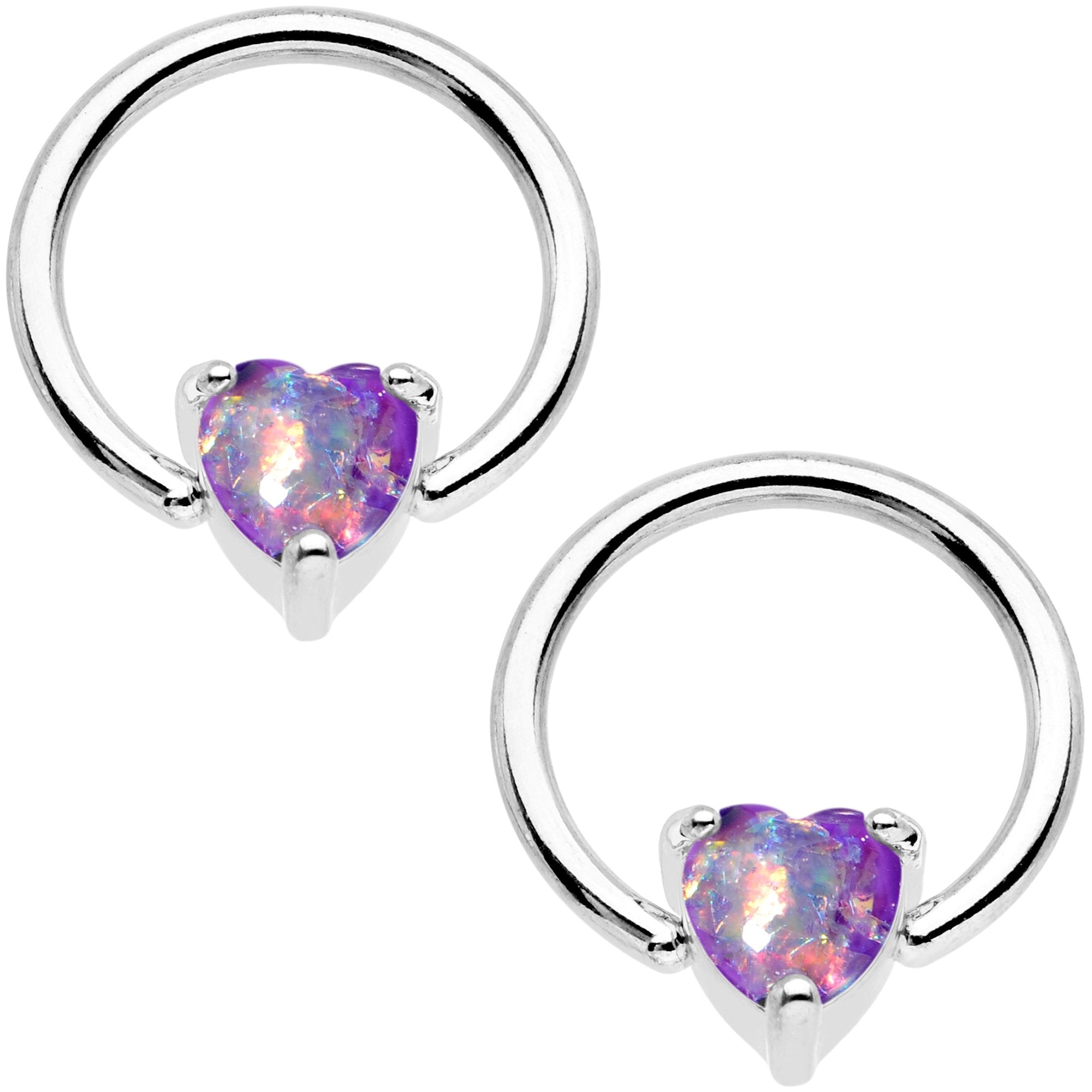 Purple Faux Opal Heart Captive Ring Straight Barbell Nipple Ring Set