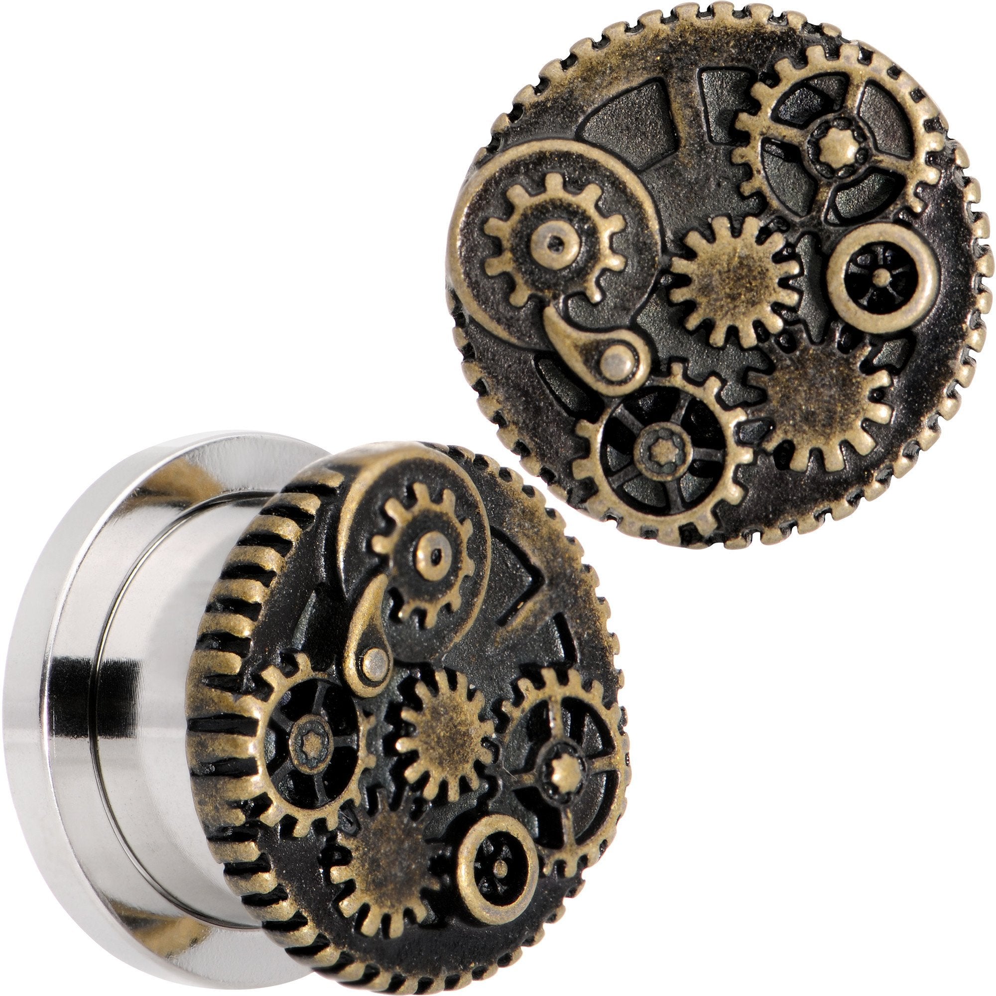 Steampunk Gears and Gizmos Screw Fit Tunnel Plug Set 2G to 1 Inch