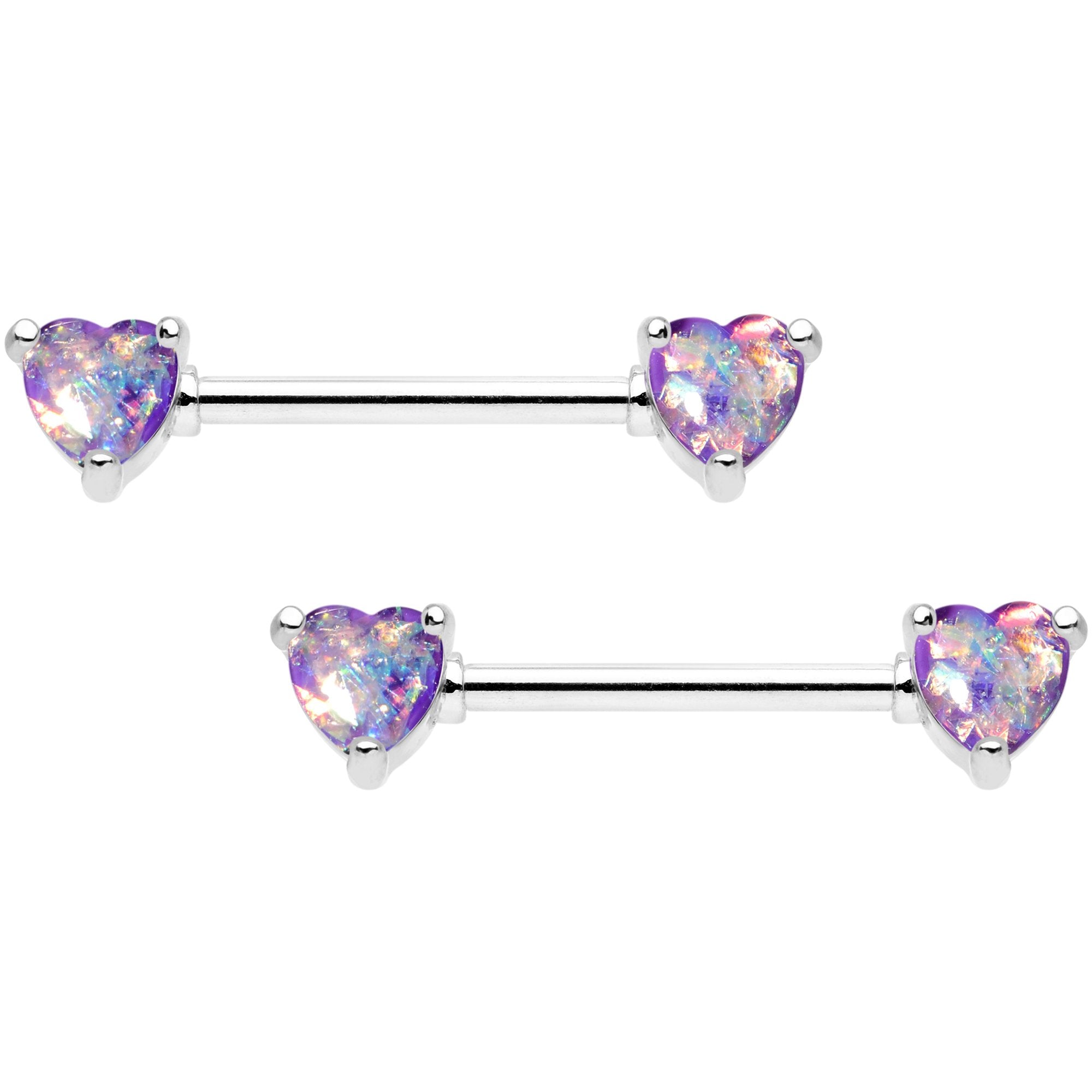 Purple Faux Opal Heart Captive Ring Straight Barbell Nipple Ring Set