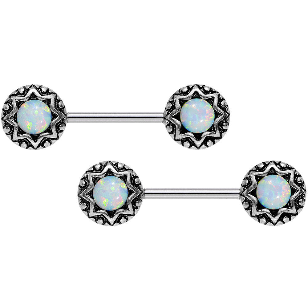 14G 5/8 White Synthetic Opal Lotus Flower Nipple Barbell Set