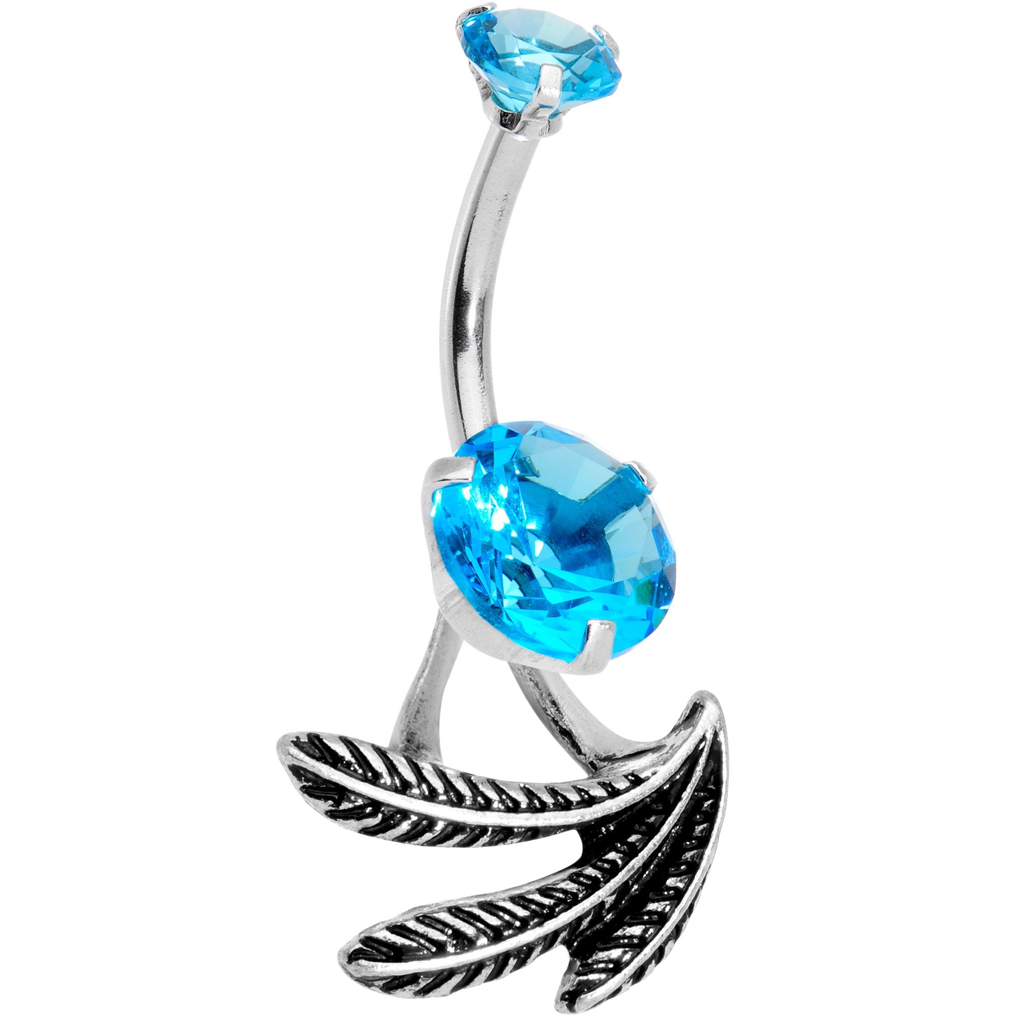 Blue CZ Gem Feather Trio Dangle Belly Ring