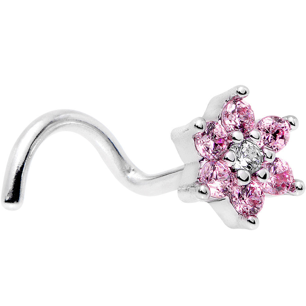 18G 1/4 Pink and Clear CZ Gem Flower Right Nose Screw