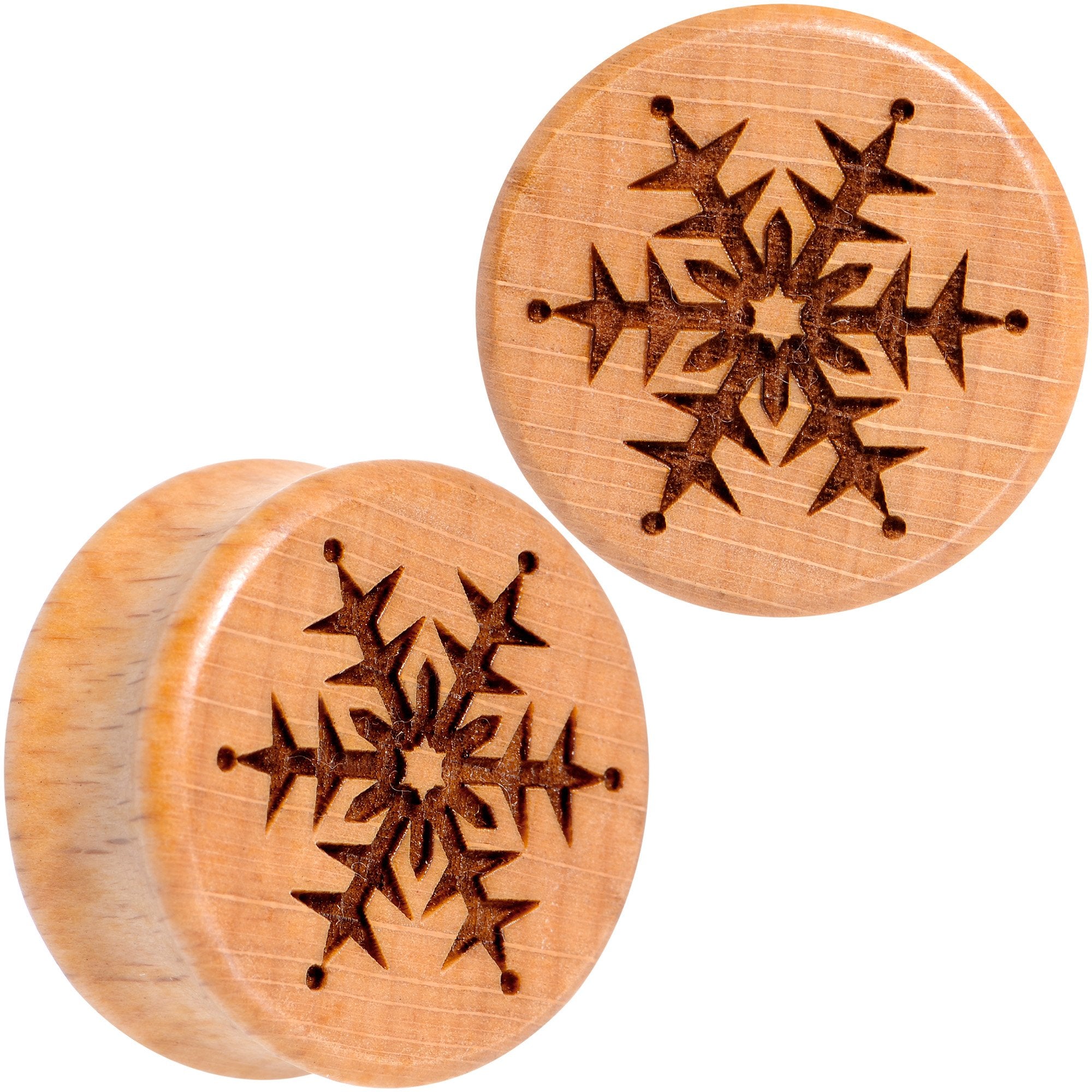 Organic Beechwood Holiday Winter Snowflake Saddle Plug Set Sizes 8mm to 25mm