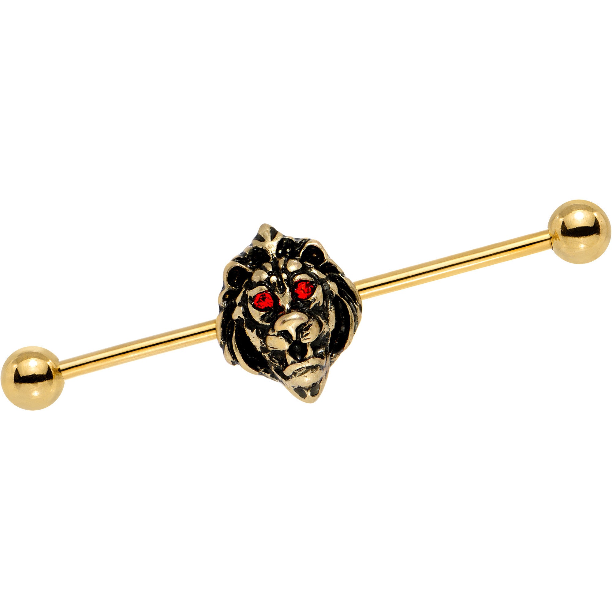 14G Red Gem Gold PVD Ferocious Lion Industrial Barbell 38mm