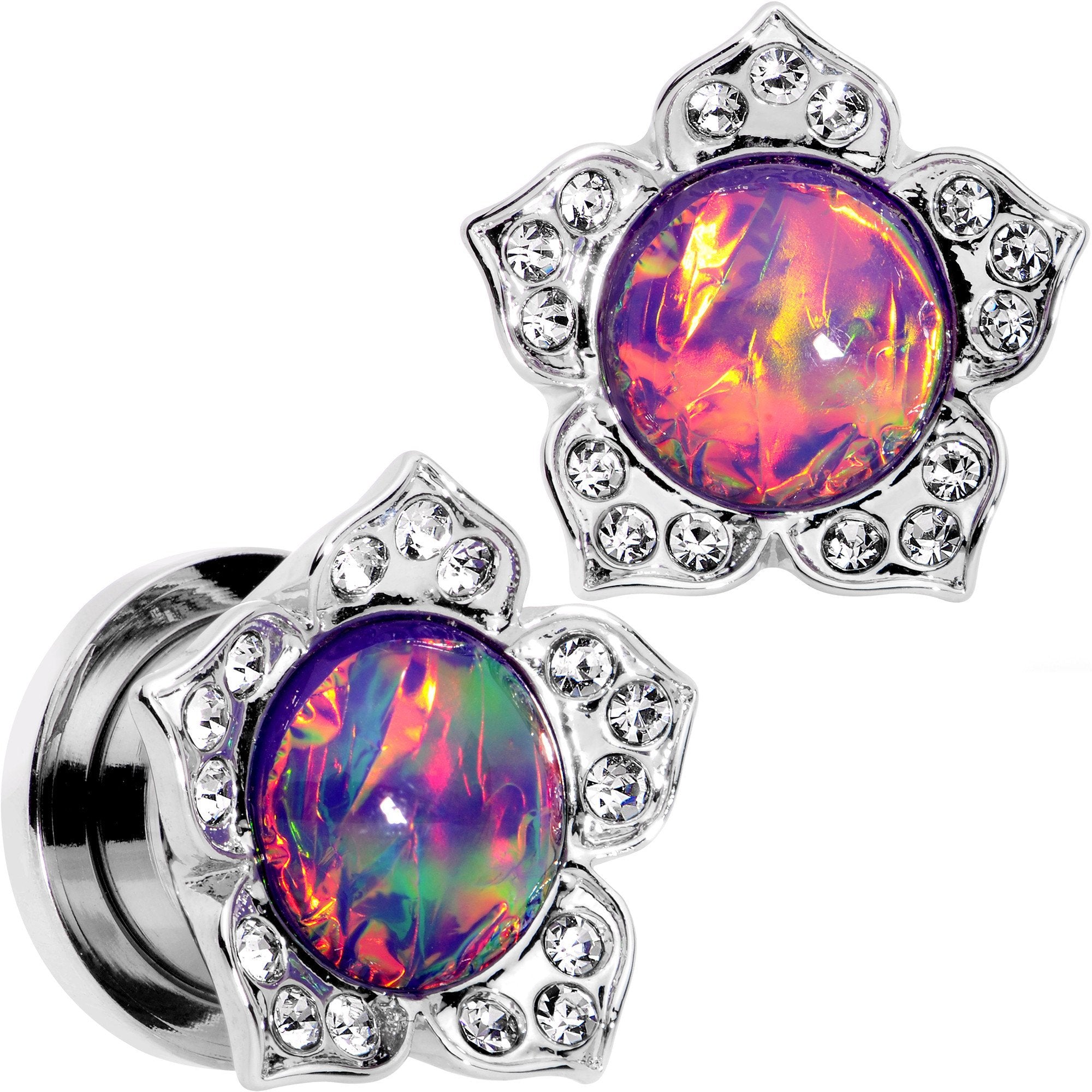 Purple Faux Opal Wild Flower Screw Fit Tunnel Plug Set 0G to 1"