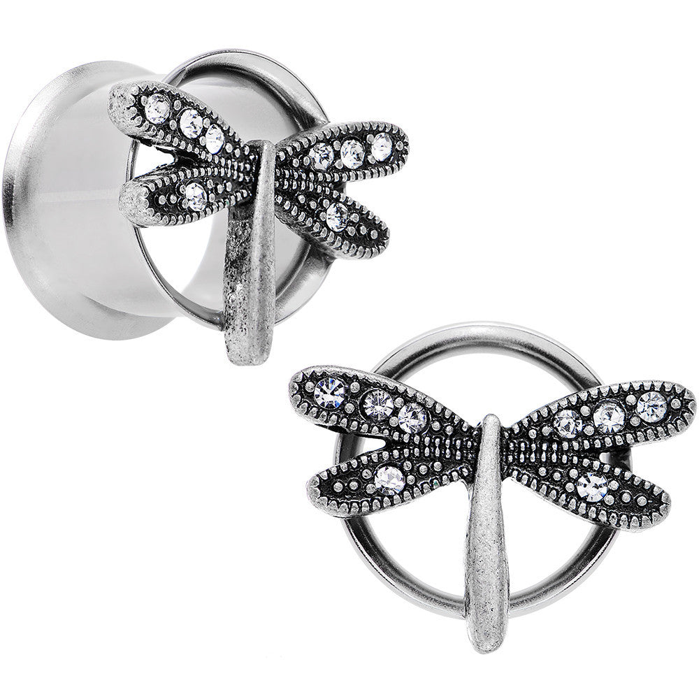 9/16 Clear Gem Steel Hi Sky Dragonfly Double Flare Tunnel Plug Set