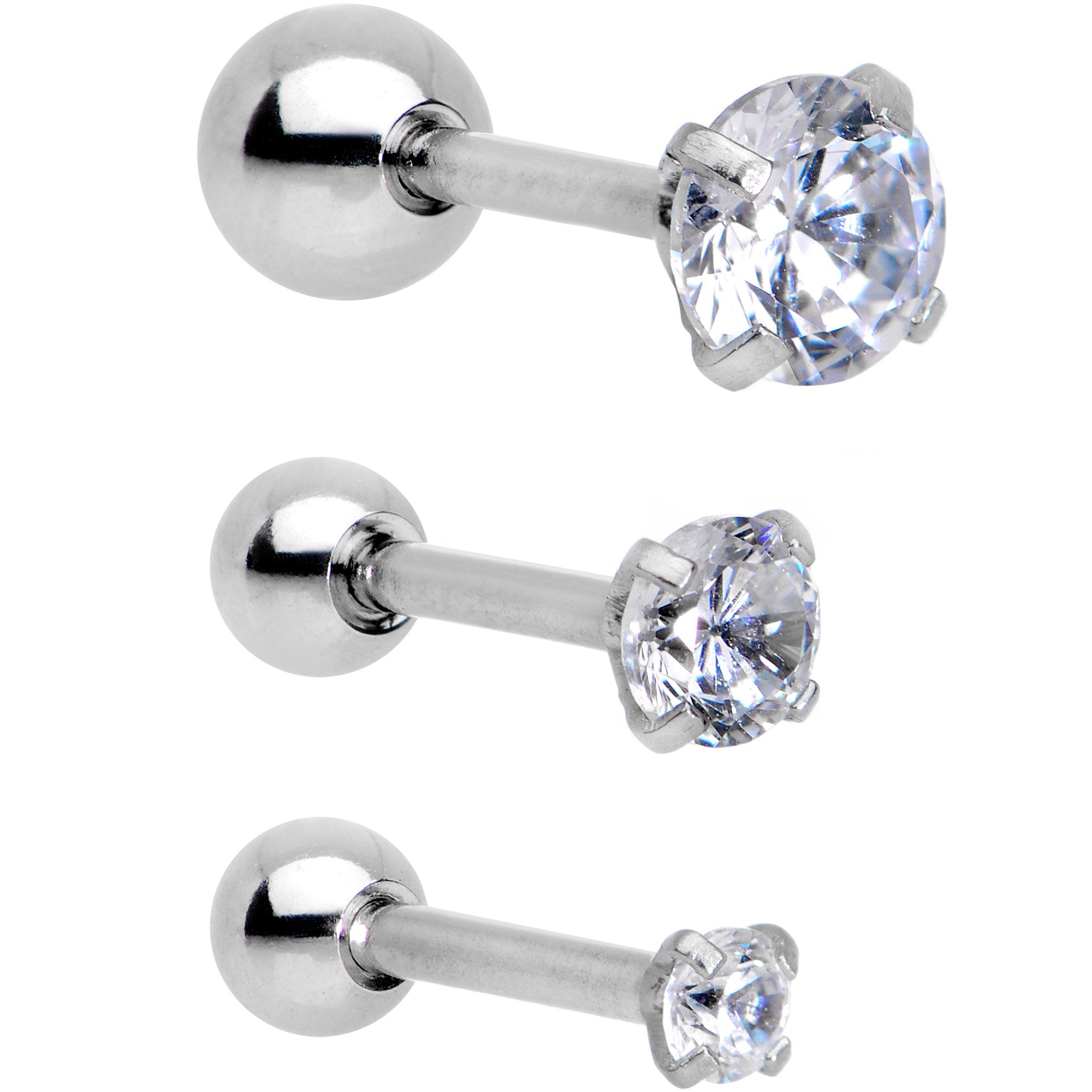 18G 5/16 Clear CZ Gem Tragus Cartilage Earring 3 Pack Set